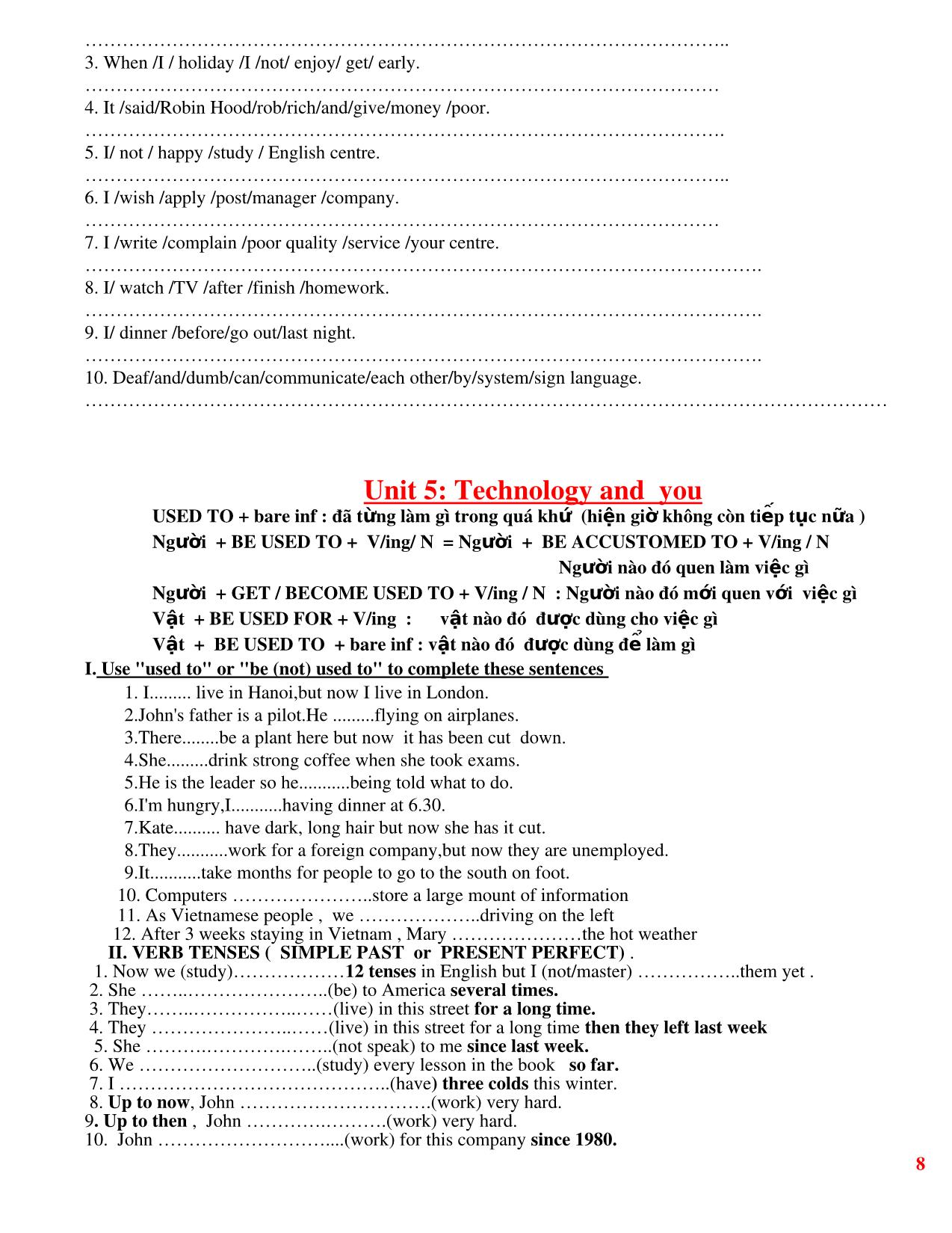 Bài tập tiếng Anh Lớp 10 -  Unit 4, 5, 6 trang 8