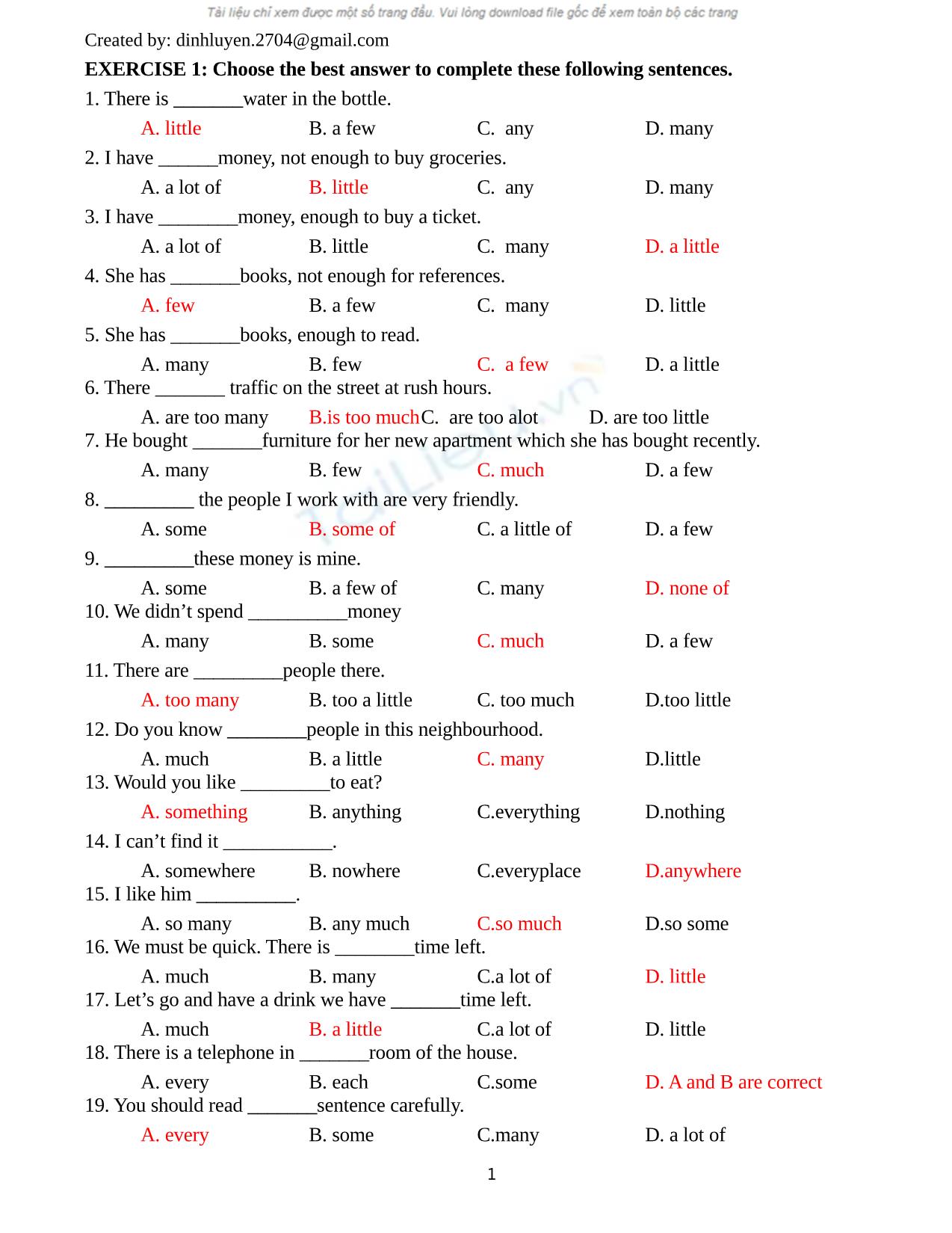 Bài tập trắng nghiệm môn tiếng Anh (Có đáp án) trang 1
