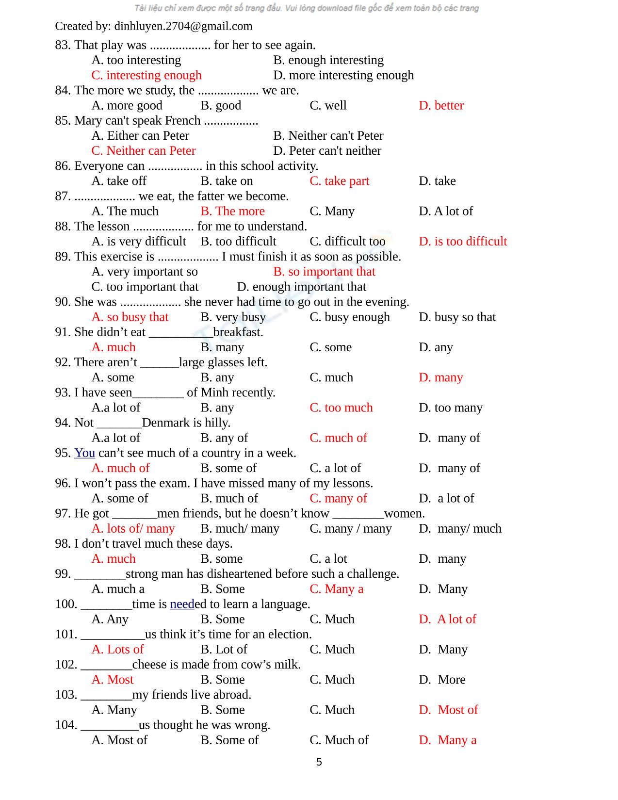 Bài tập trắng nghiệm môn tiếng Anh (Có đáp án) trang 5