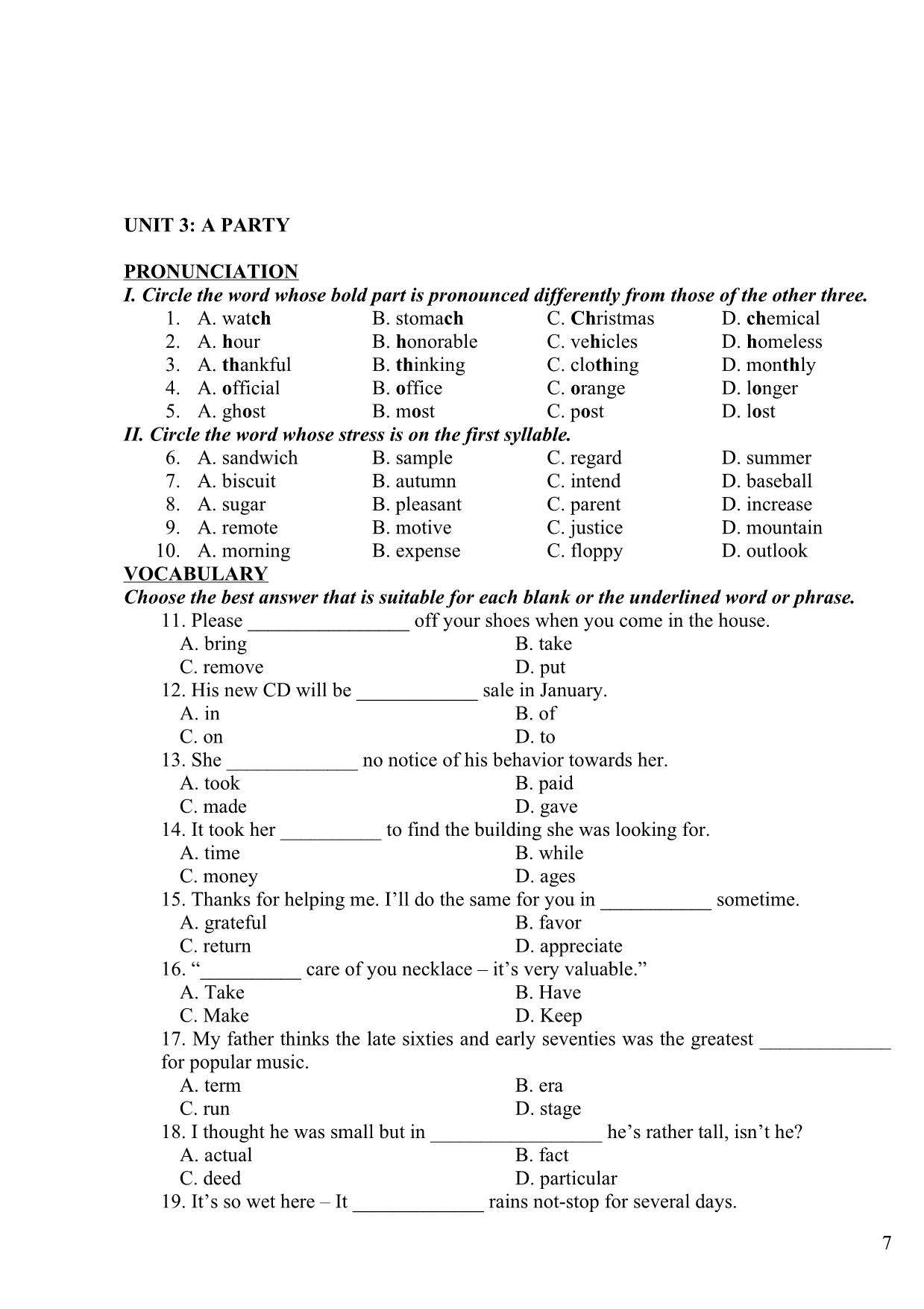 Bài tập trắc nghiệm môn tiếng Anh Lớp 11 trang 7