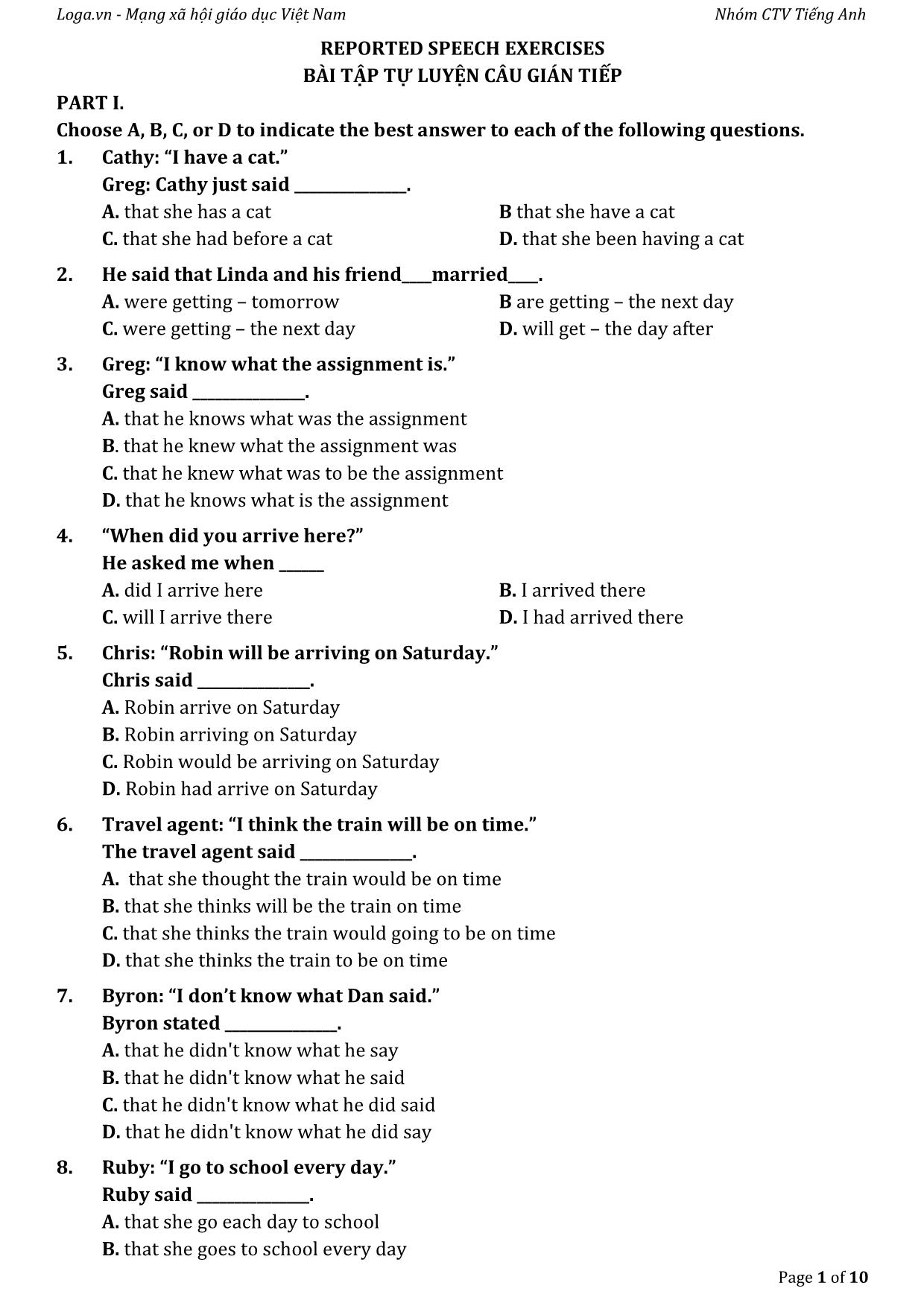 Bài tập tự luyện câu gián tiếp trong tiếng Anh trang 1