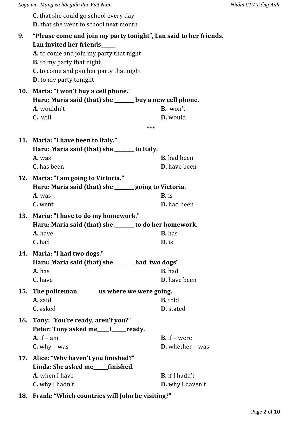 Bài tập tự luyện câu gián tiếp trong tiếng Anh trang 2