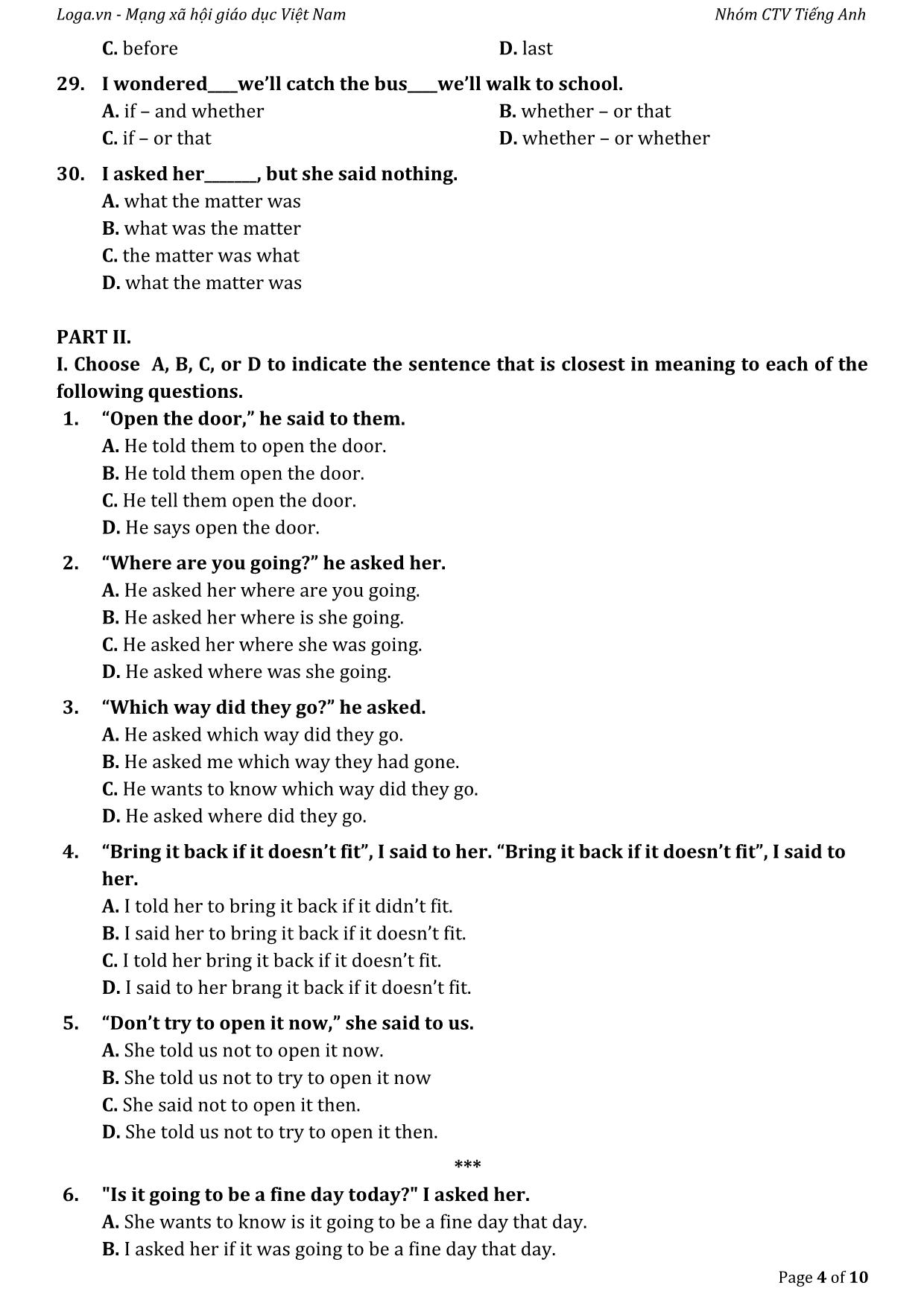 Bài tập tự luyện câu gián tiếp trong tiếng Anh trang 4