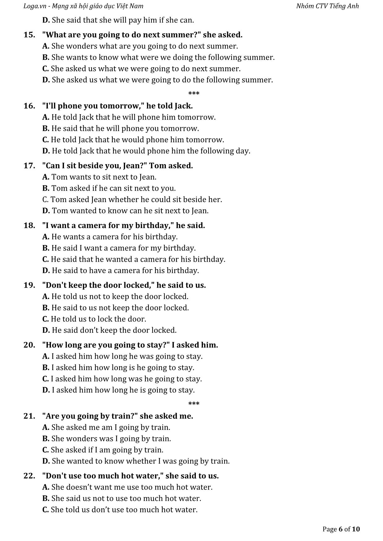Bài tập tự luyện câu gián tiếp trong tiếng Anh trang 6