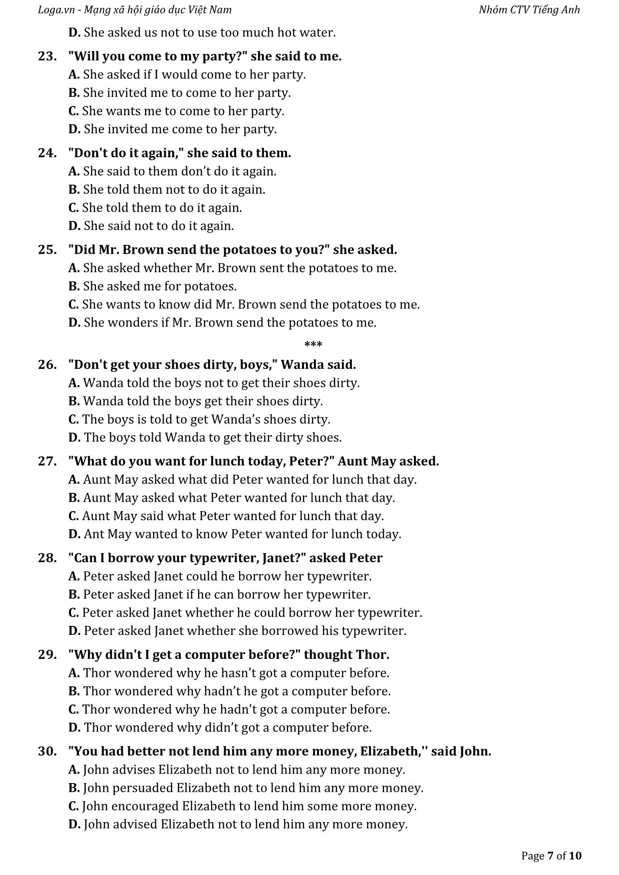 Bài tập tự luyện câu gián tiếp trong tiếng Anh trang 7