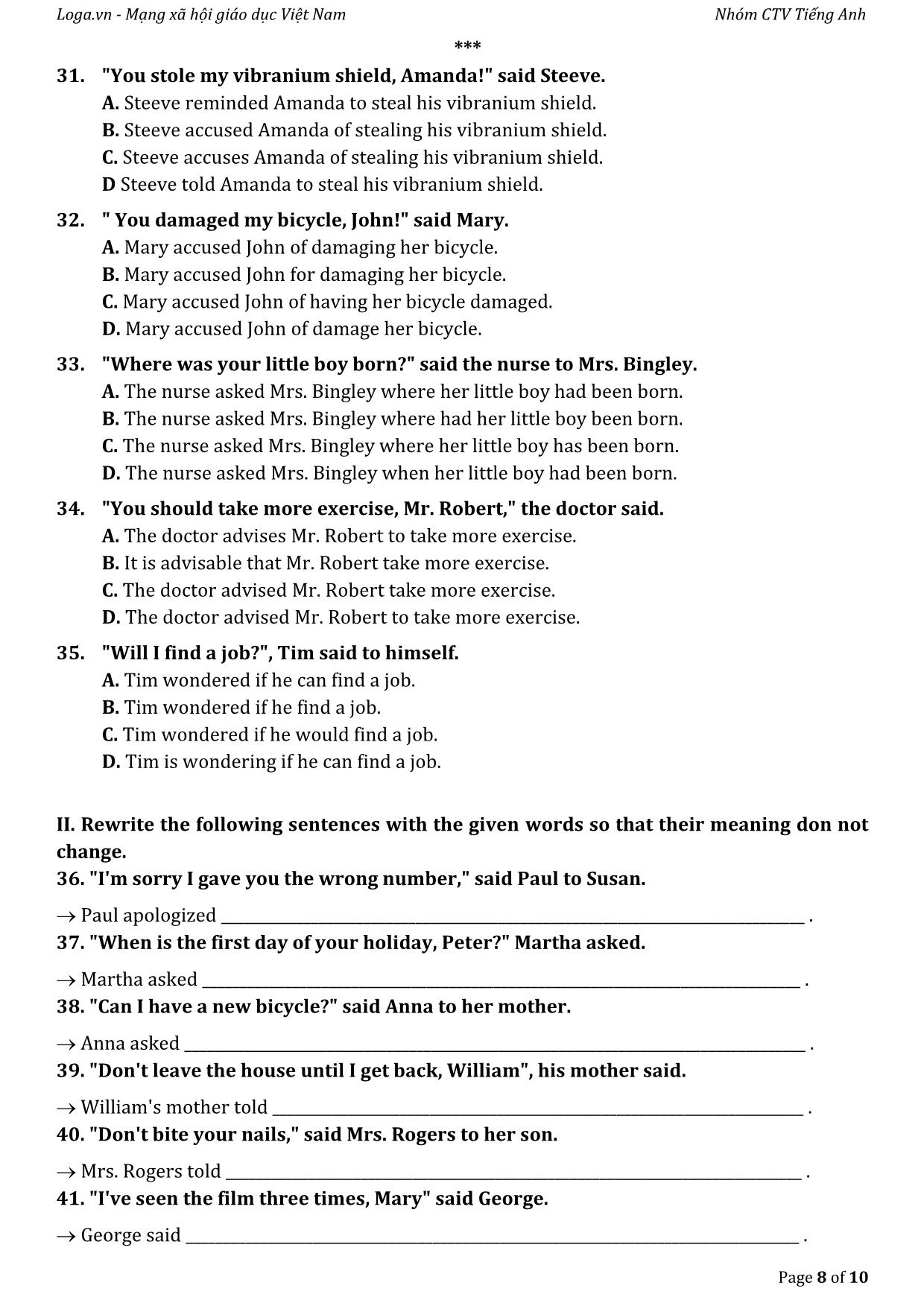 Bài tập tự luyện câu gián tiếp trong tiếng Anh trang 8