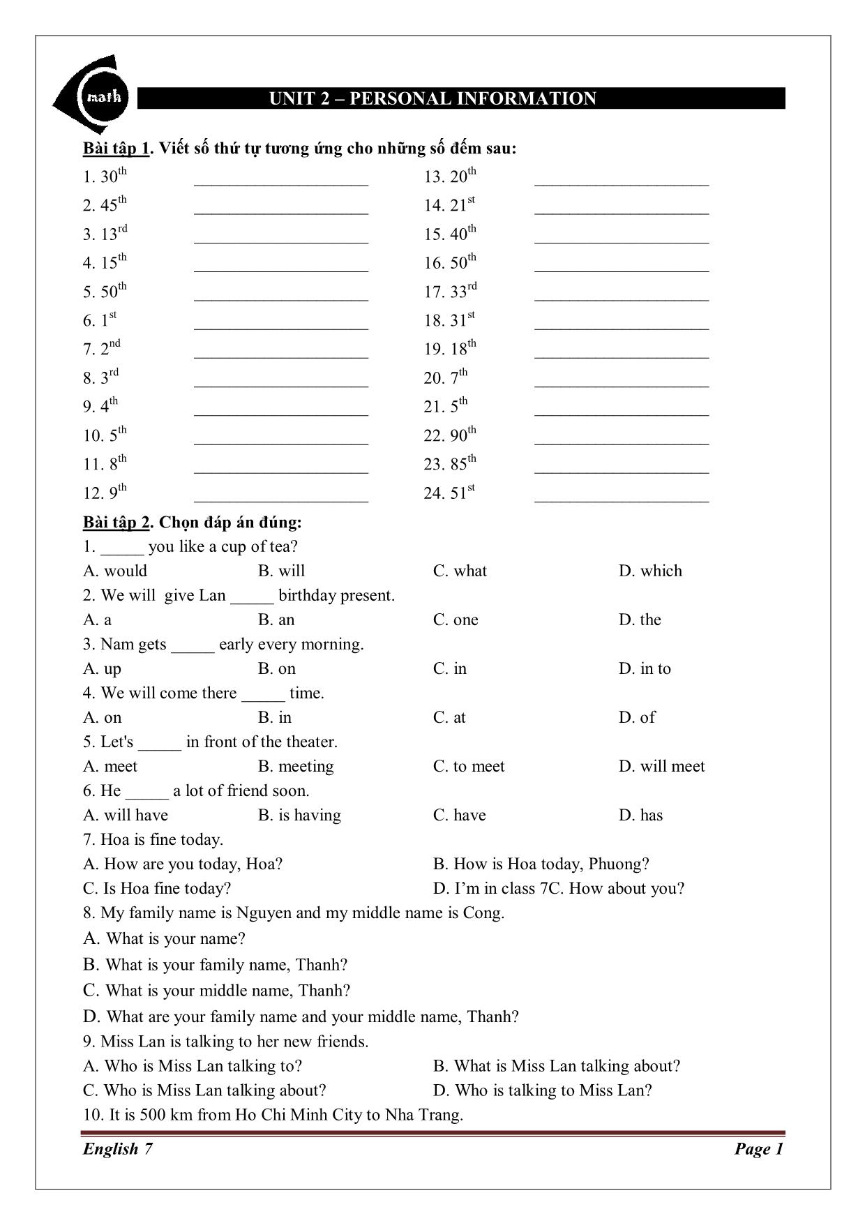 Bài tập tiếng Anh Lớp 7 - Unit 2: Personal information trang 1