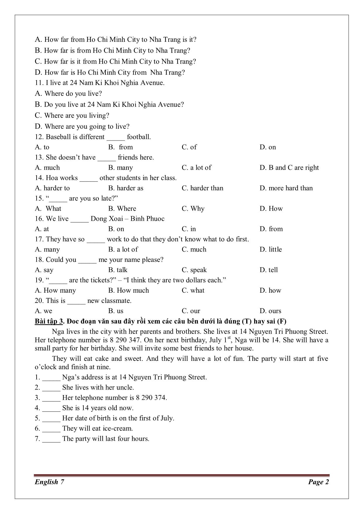 Bài tập tiếng Anh Lớp 7 - Unit 2: Personal information trang 2