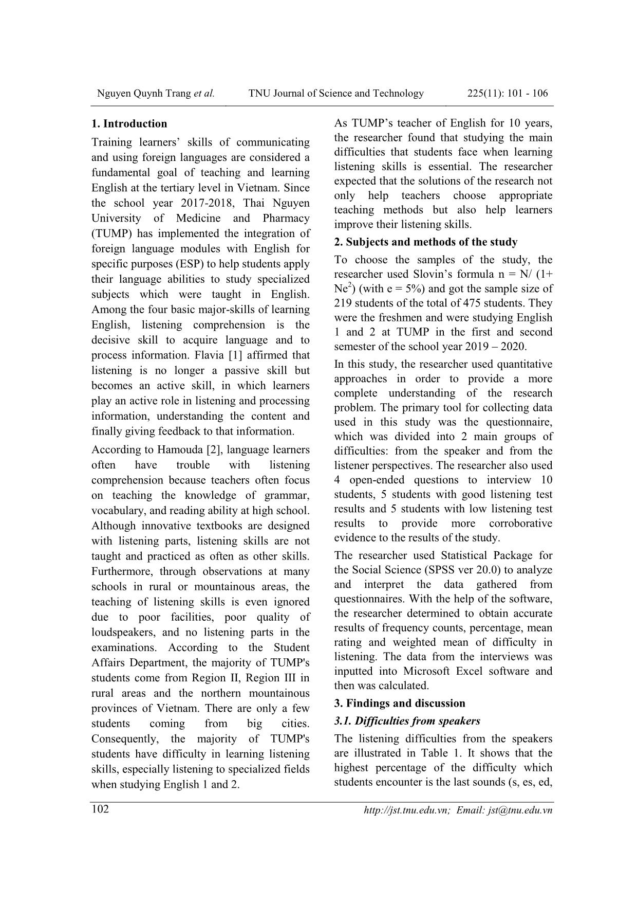 Khảo sát những khó khăn trong việc học kỹ năng nghe của sinh viên bác sĩ y khoa tại trường đại học y dược đại học Thái Nguyên trang 2