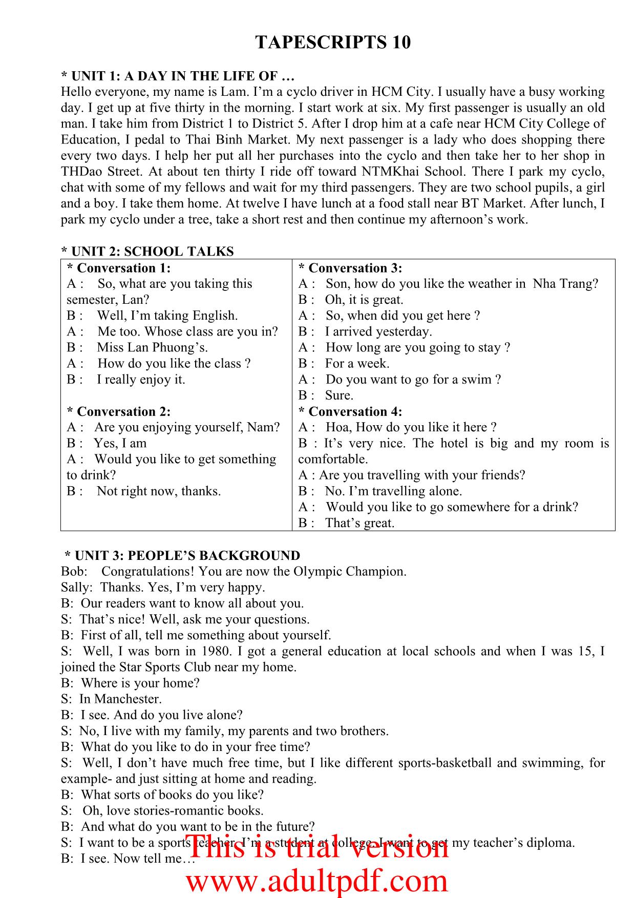 Tiếng Anh - Tapescripts 10 trang 1