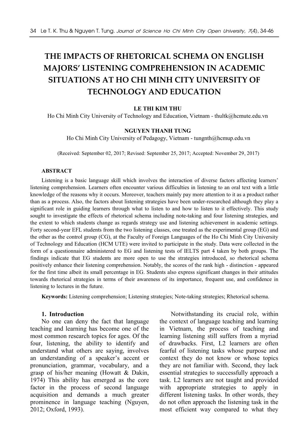 The impacts of rhetorical schema on English majors’ listening comprehension in academic situations at ho chi minh city university of technology and education trang 1