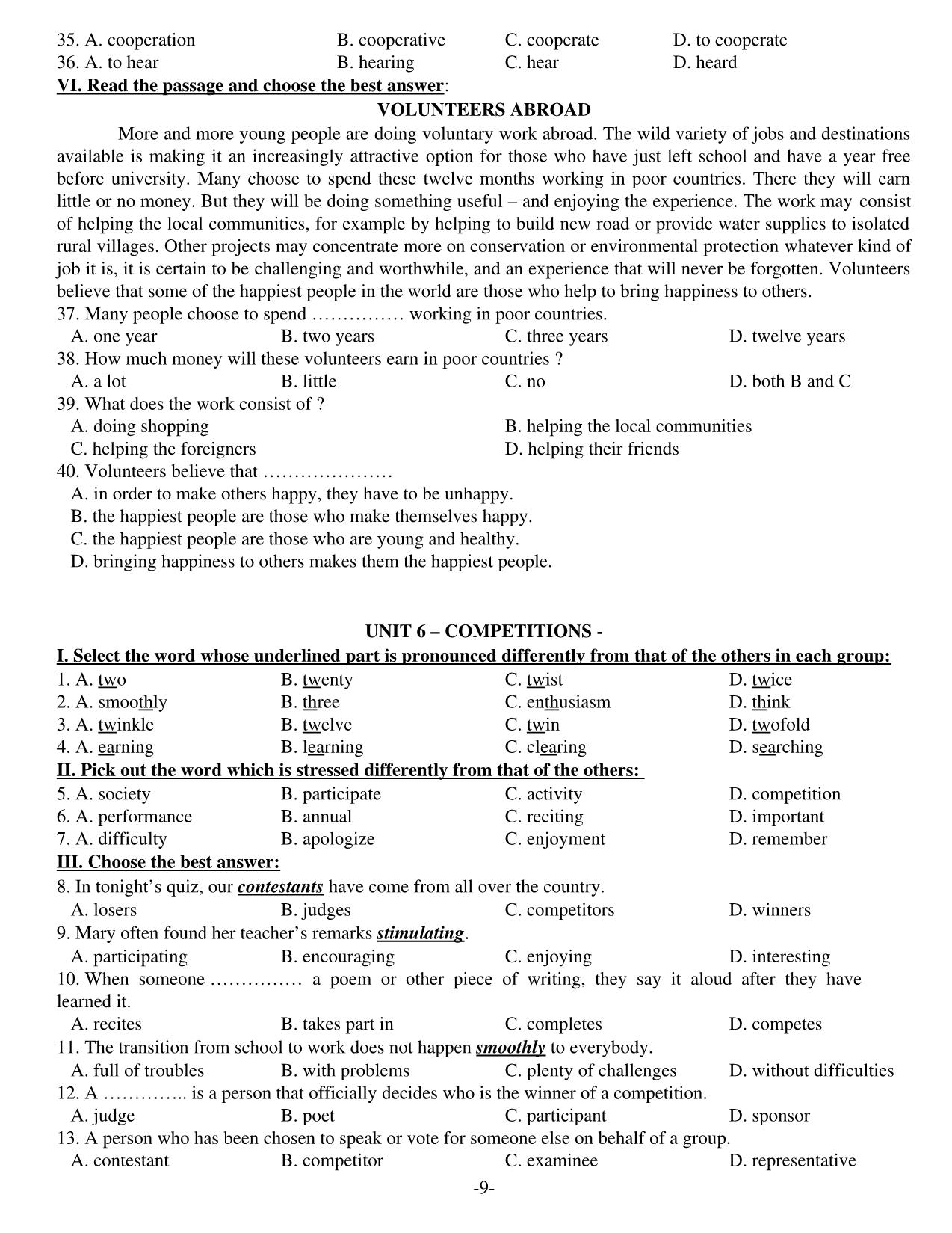 Đề cương ôn tập học kì 1 môn Anh văn Lớp 11 - Năm học 2014-2015 trang 9