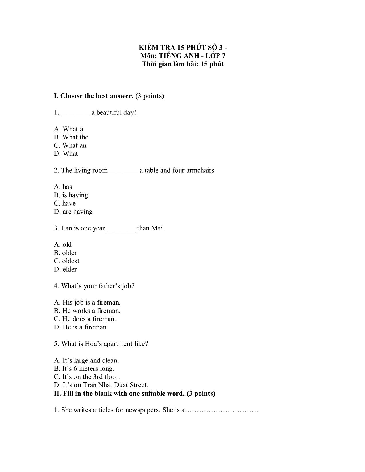 Bài kiểm tra 15 phút số 3 môn tiếng Anh - Lớp 7 trang 1