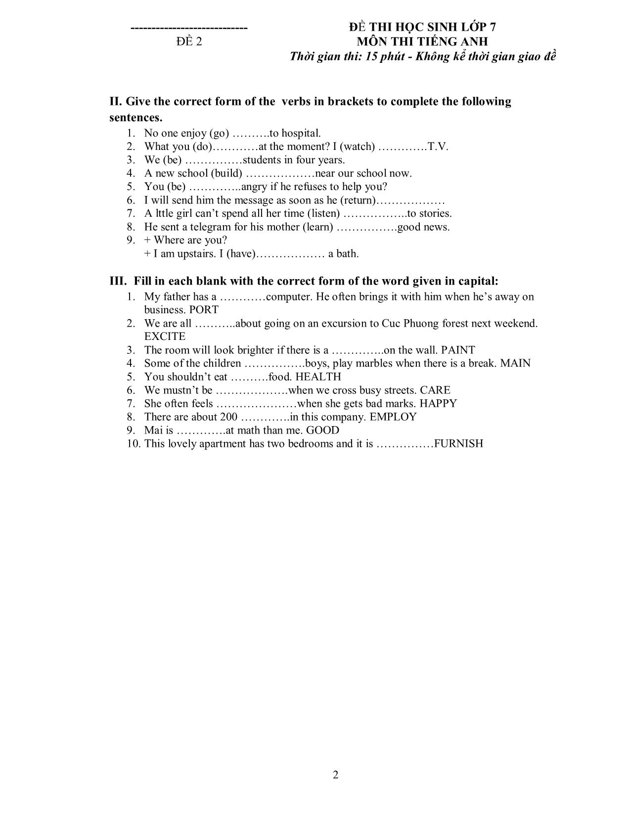 Bài kiểm tra 15 phút số 3 môn tiếng Anh - Lớp 7 trang 6