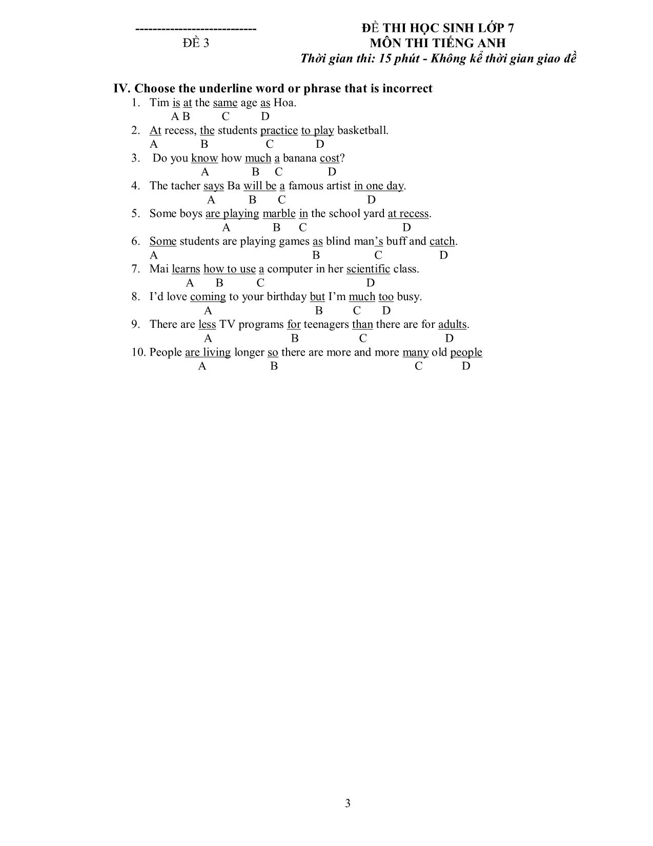 Bài kiểm tra 15 phút số 3 môn tiếng Anh - Lớp 7 trang 7