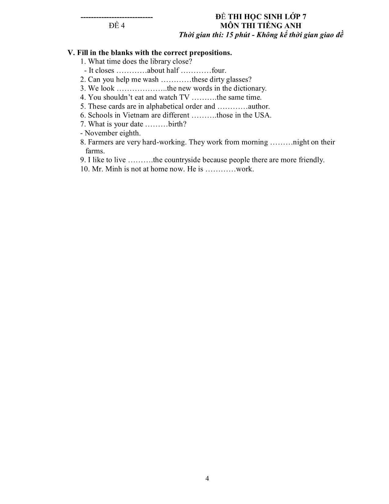 Bài kiểm tra 15 phút số 3 môn tiếng Anh - Lớp 7 trang 8