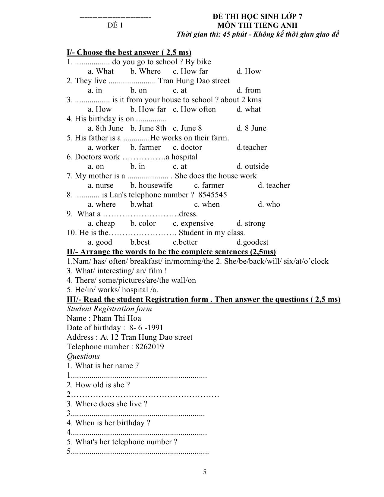 Bài kiểm tra 15 phút số 3 môn tiếng Anh - Lớp 7 trang 9