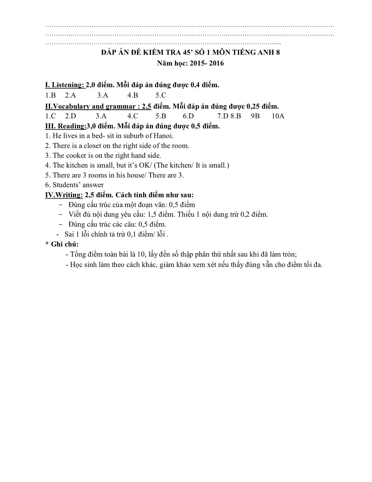 Bài kiểm tra 45 phút số 1 môn tiếng Anh Lớp 8 - Năm học 2015-2016 trang 3