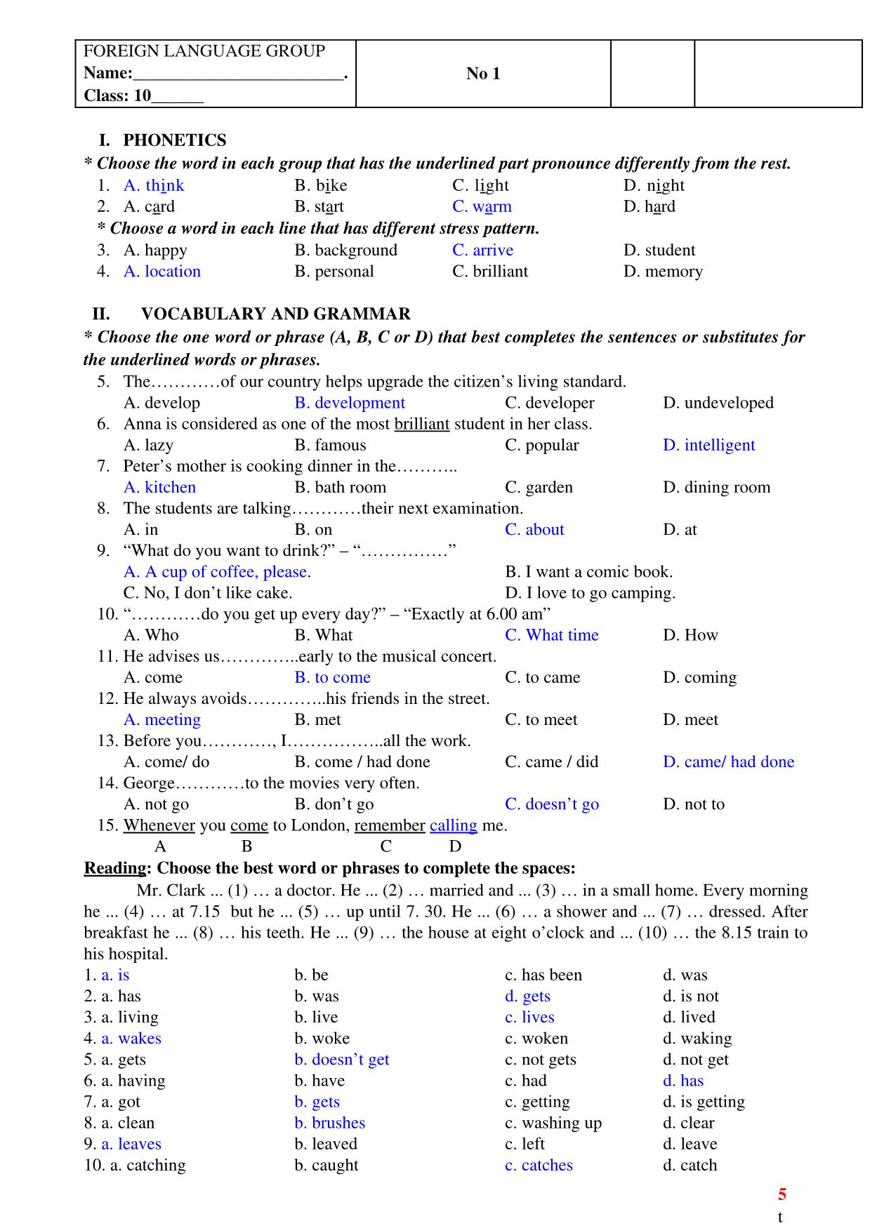 Ôn tập kiểm tra 1 tiết lần 1 môn tiếng Anh Lớp 10 - Học kì 1 trang 5