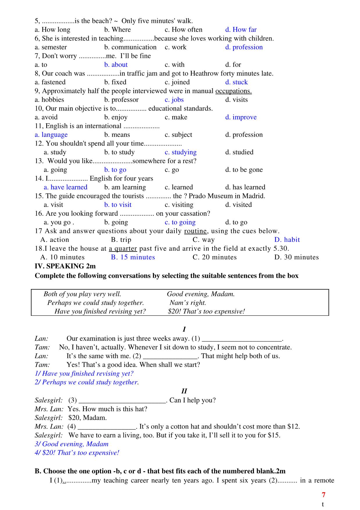 Ôn tập kiểm tra 1 tiết lần 1 môn tiếng Anh Lớp 10 - Học kì 1 trang 7