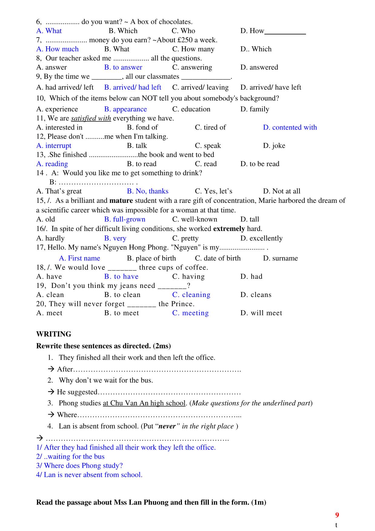 Ôn tập kiểm tra 1 tiết lần 1 môn tiếng Anh Lớp 10 - Học kì 1 trang 9
