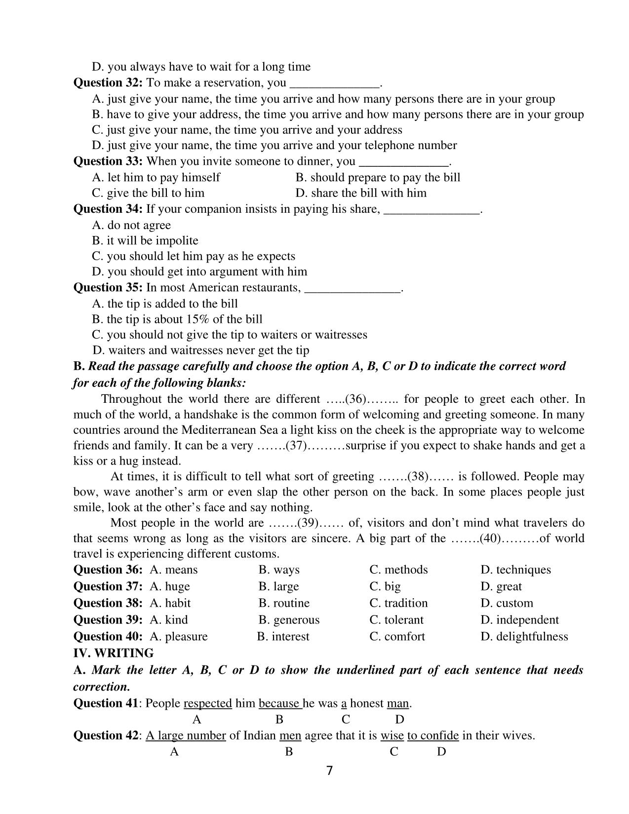 Tổng hợp các bài tập môn tiếng Anh Trung học Phổ thông trang 7