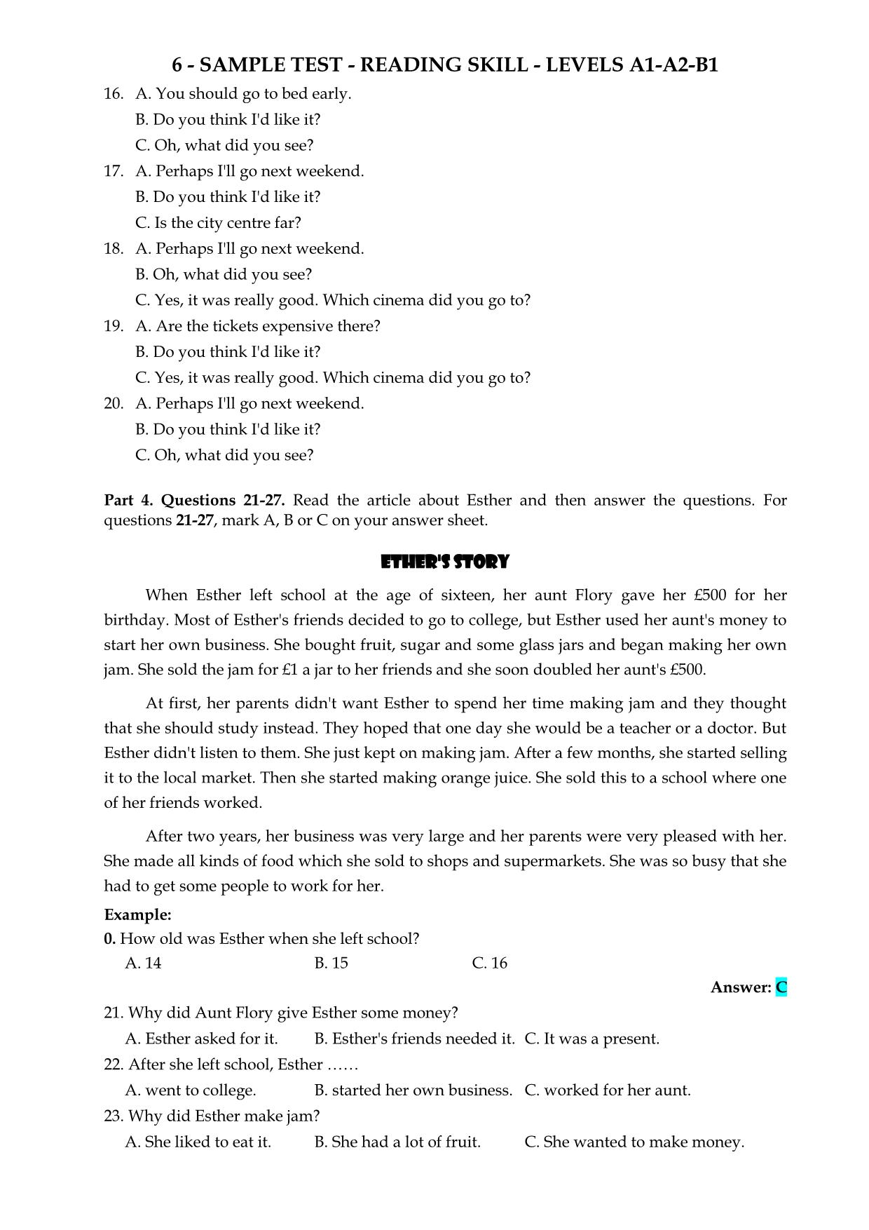 Sample test - Reading skill - levels A1 - A2 - B1 trang 3