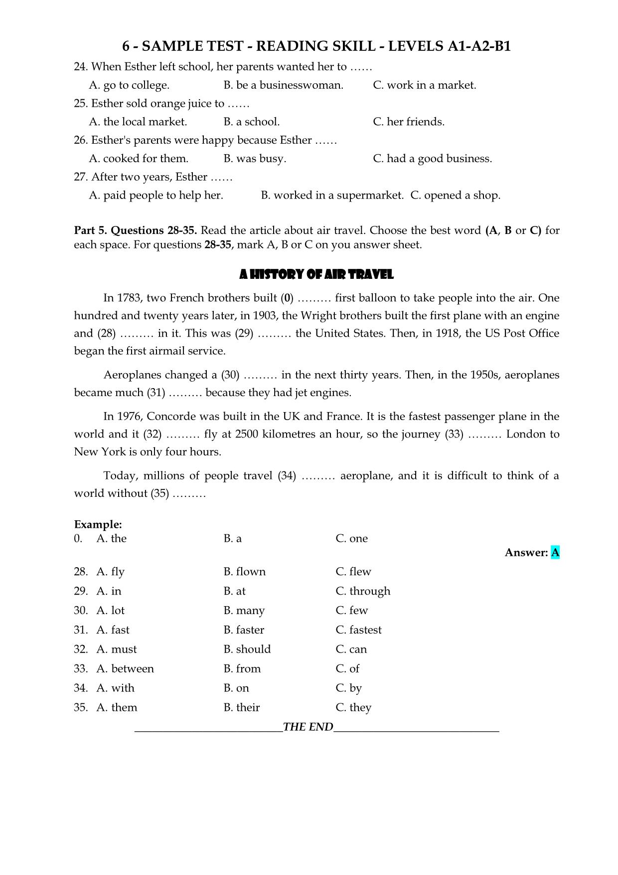 Sample test - Reading skill - levels A1 - A2 - B1 trang 4