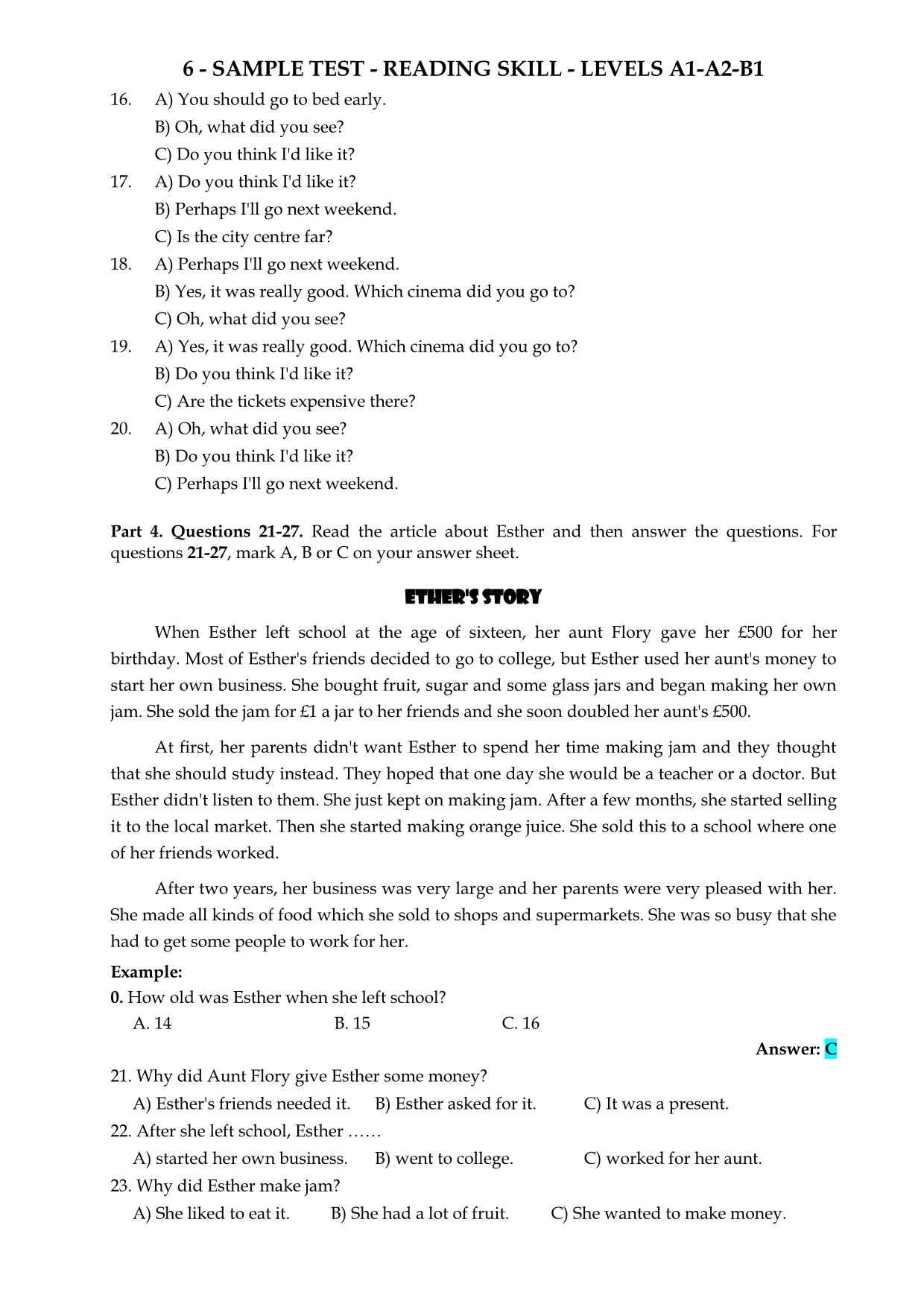 Sample test - Reading skill - levels A1 - A2 - B1 trang 7