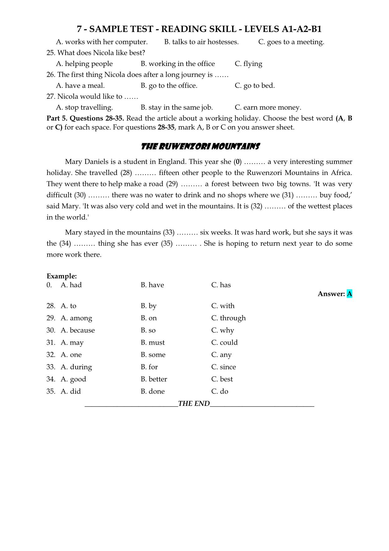Tiếng Anh - Sample test - Reading skill - Levels  A1 - A2 - B1 trang 10
