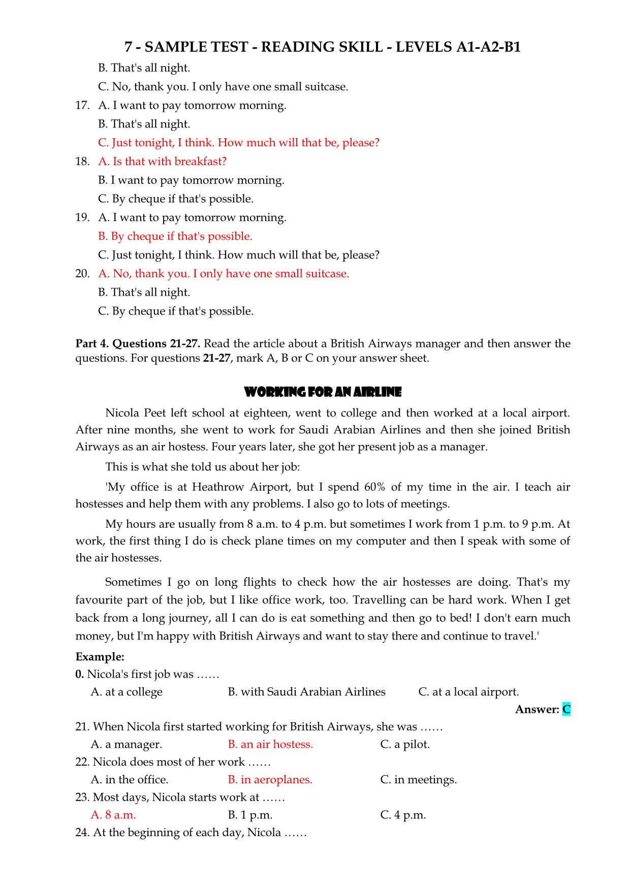 Tiếng Anh - Sample test - Reading skill - Levels  A1 - A2 - B1 trang 3