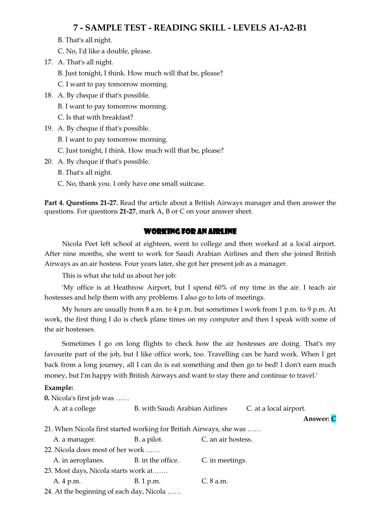 Tiếng Anh - Sample test - Reading skill - Levels  A1 - A2 - B1 trang 9