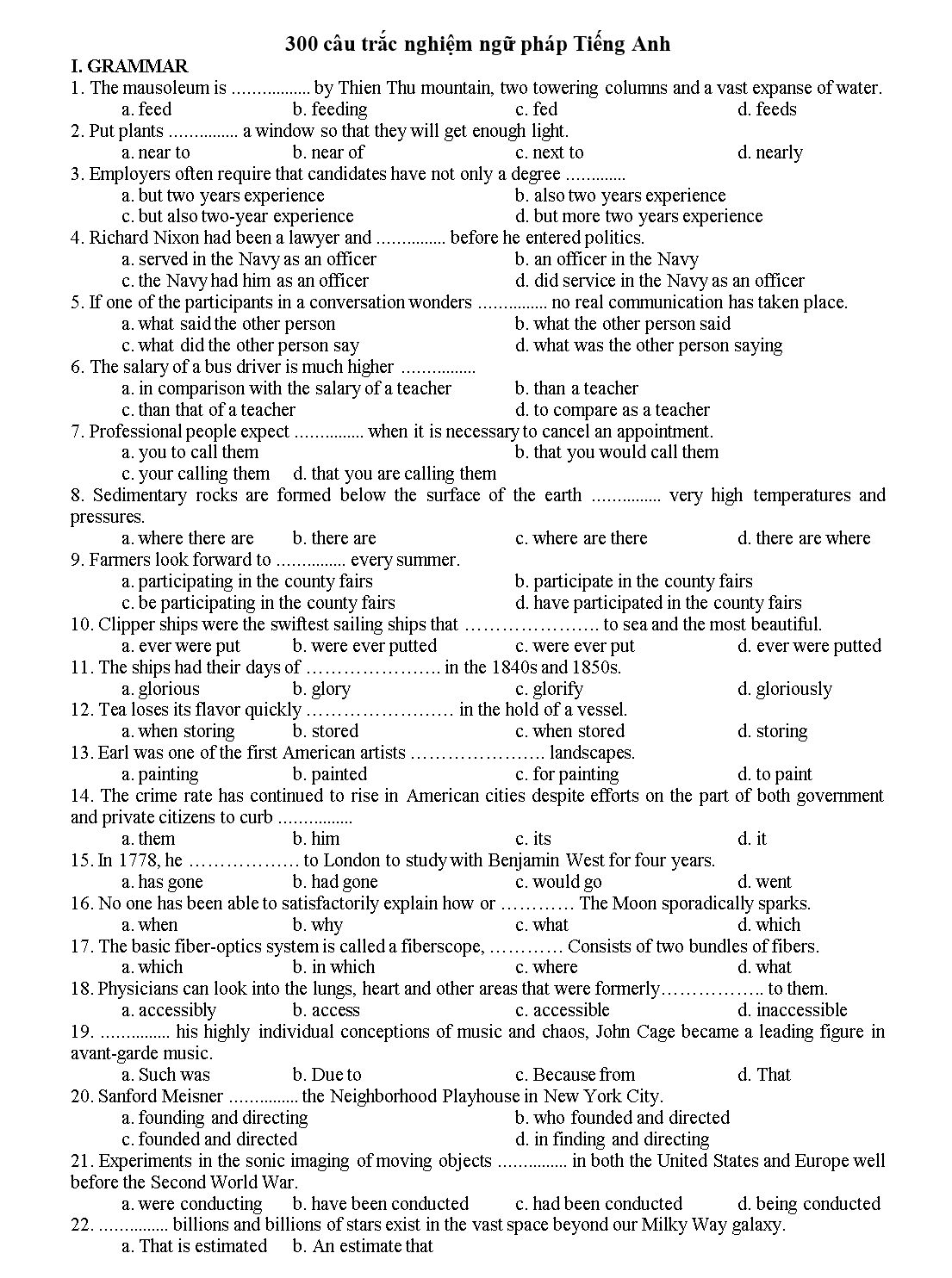 300 câu trắc nghiệm ngữ pháp Tiếng Anh trang 1
