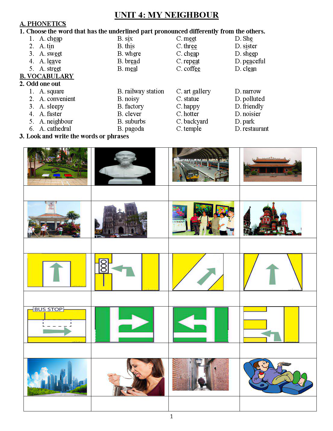 Bài tập tiếng Anh Lớp 6 - Unit 4: My neighbour trang 1