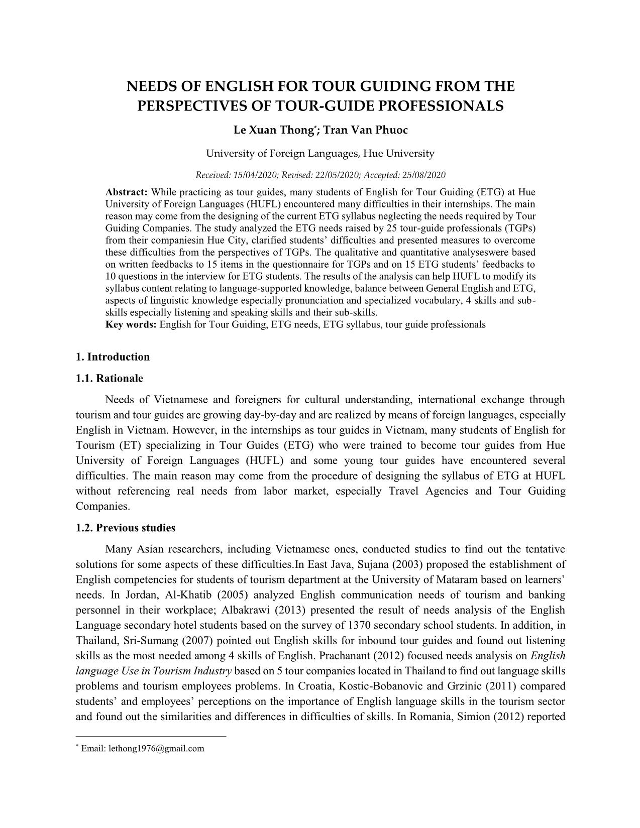 Needs of english for tour guiding from the perspectives of tour-guide professionals trang 1