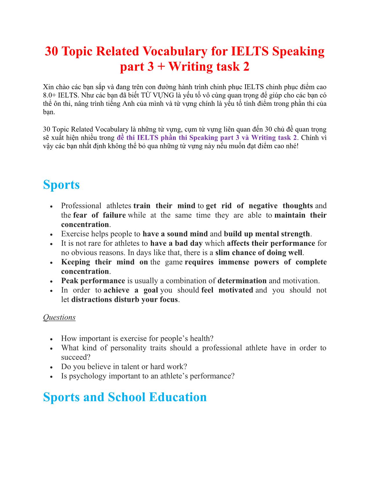 30 Topic Related Vocabulary for IELTS Speaking part 3 + Writing task 2 trang 1