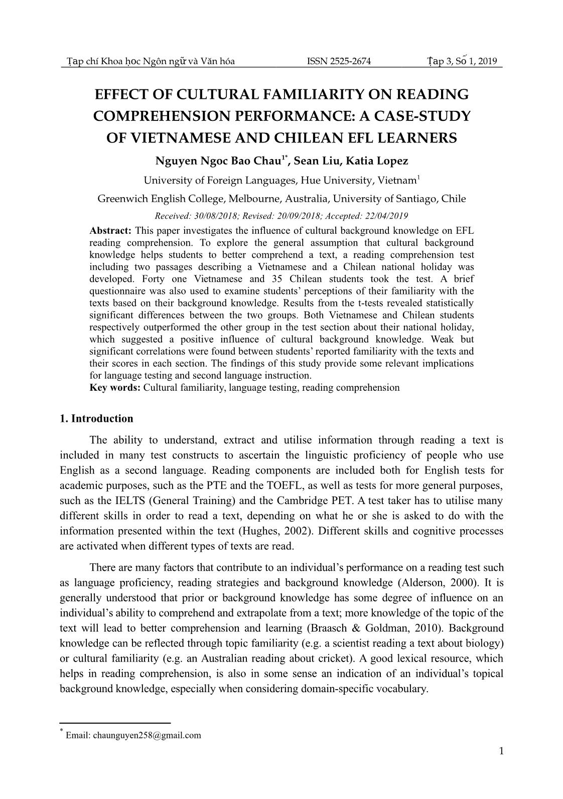 Effect of cultural familiarity on reading comprehension performance: a case­study of vietnamese and chilean efl learners trang 1