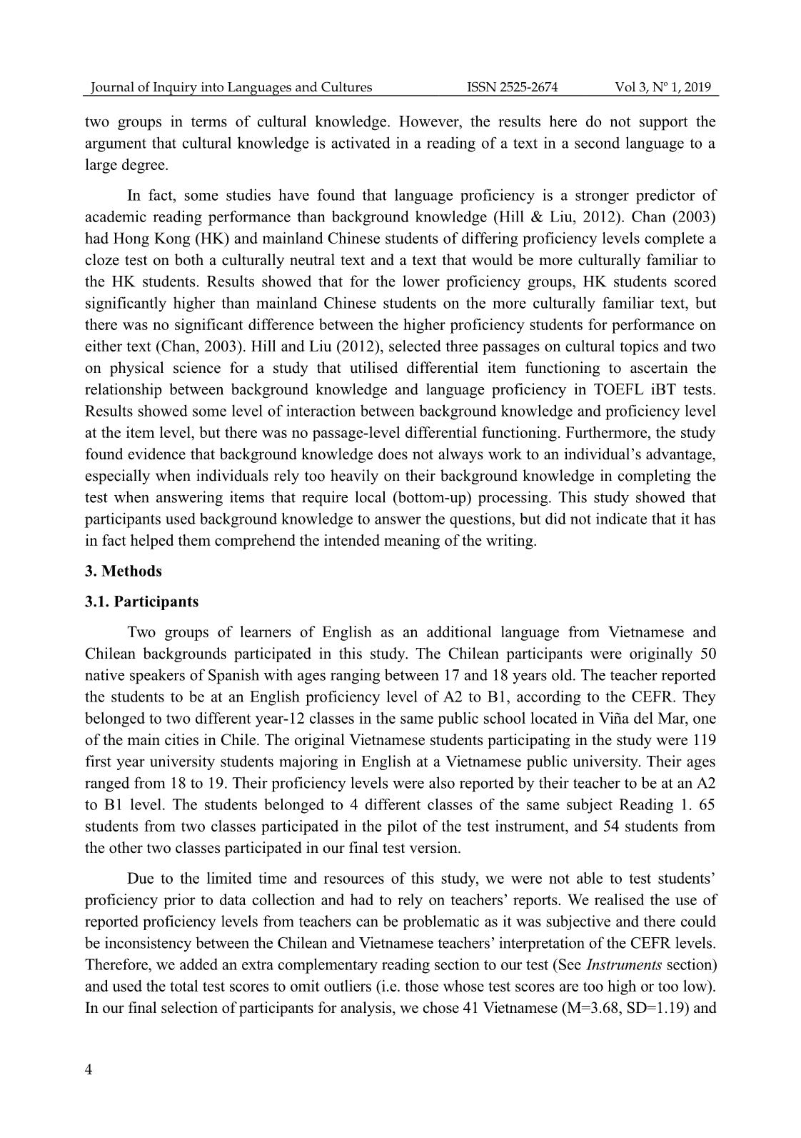 Effect of cultural familiarity on reading comprehension performance: a case­study of vietnamese and chilean efl learners trang 4