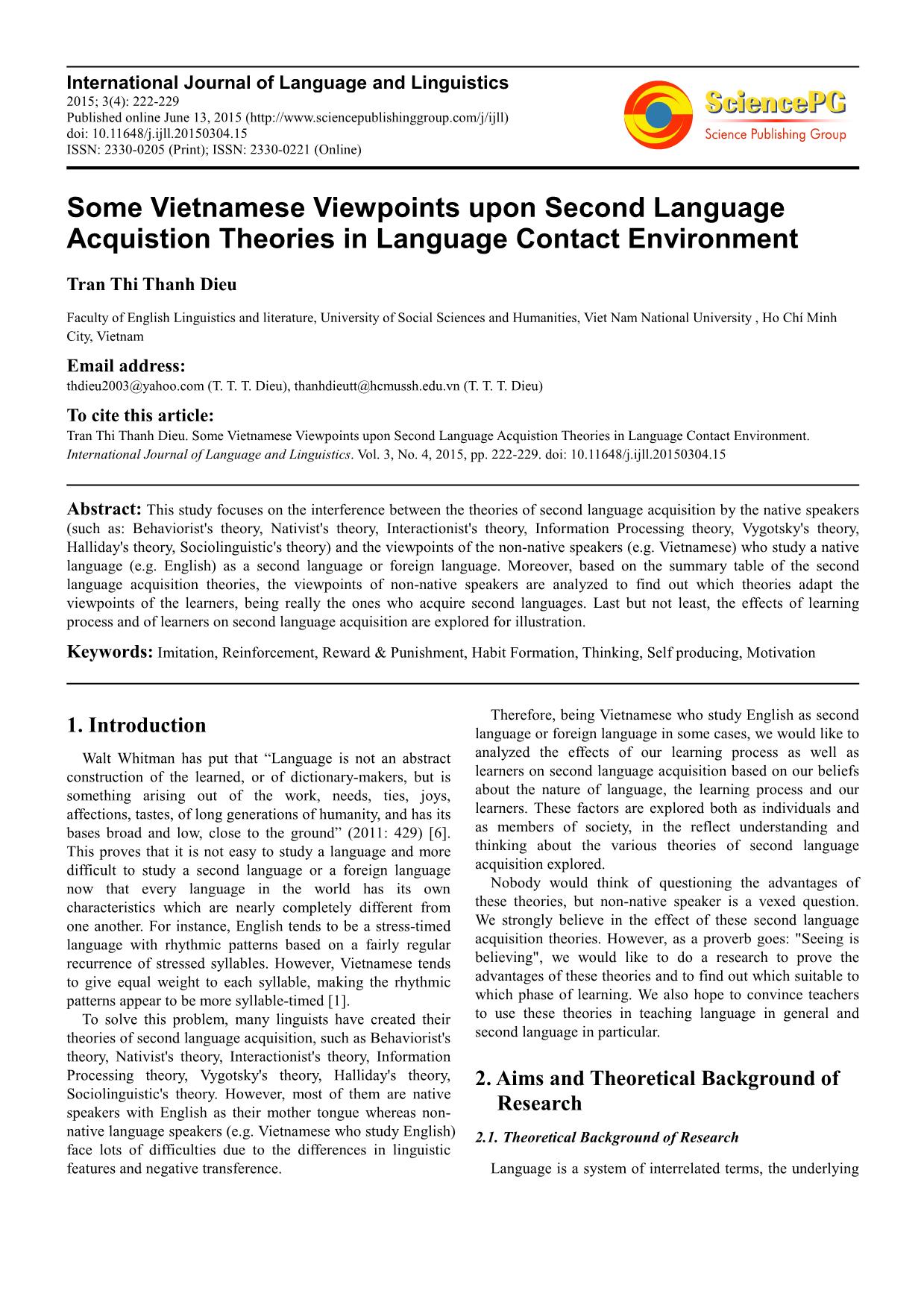 Some Vietnamese Viewpoints upon Second Language Acquistion Theories in Language Contact Environment trang 1