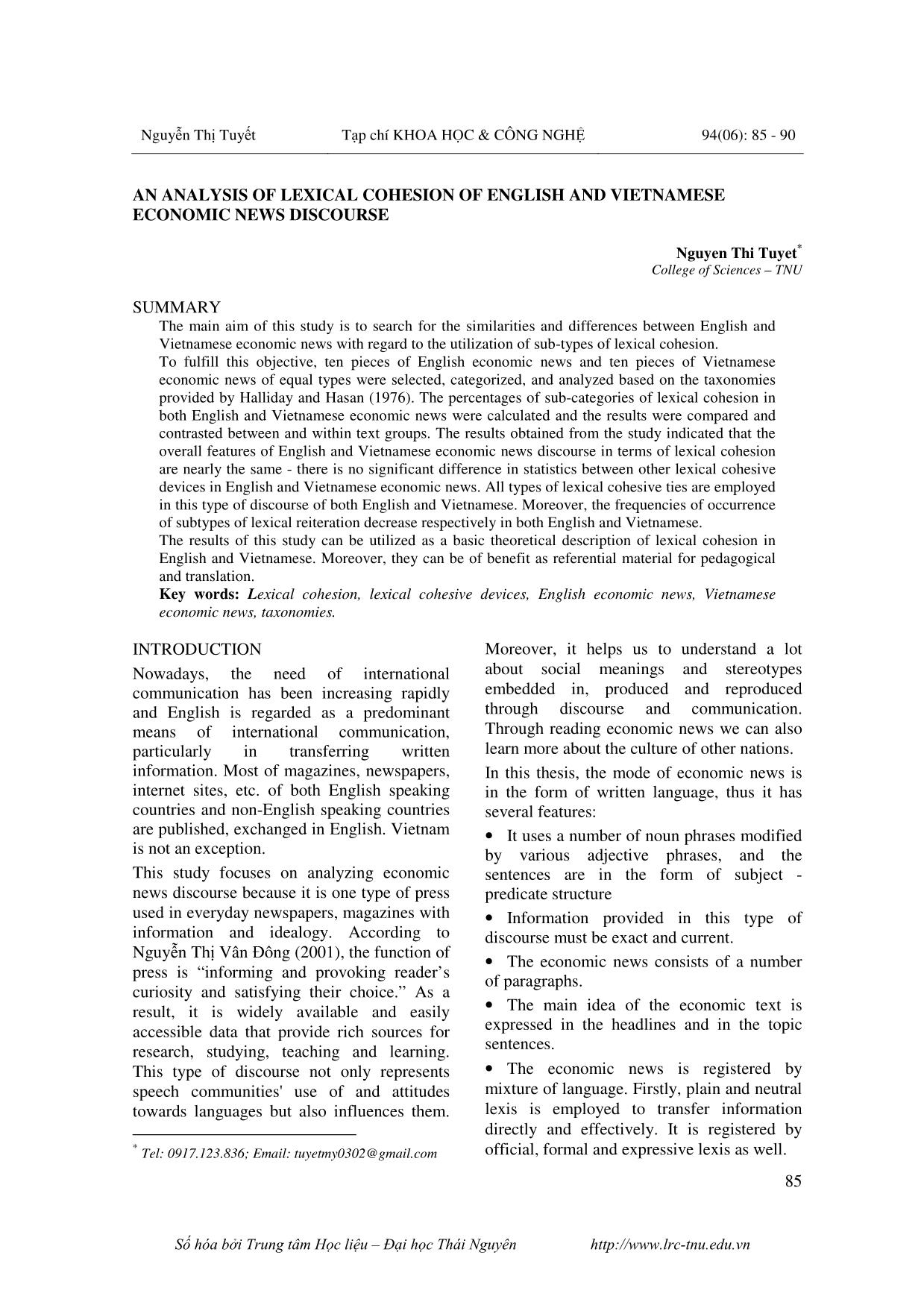 An analysis of lexical cohesion of english and vietnamese economic news discourse trang 1