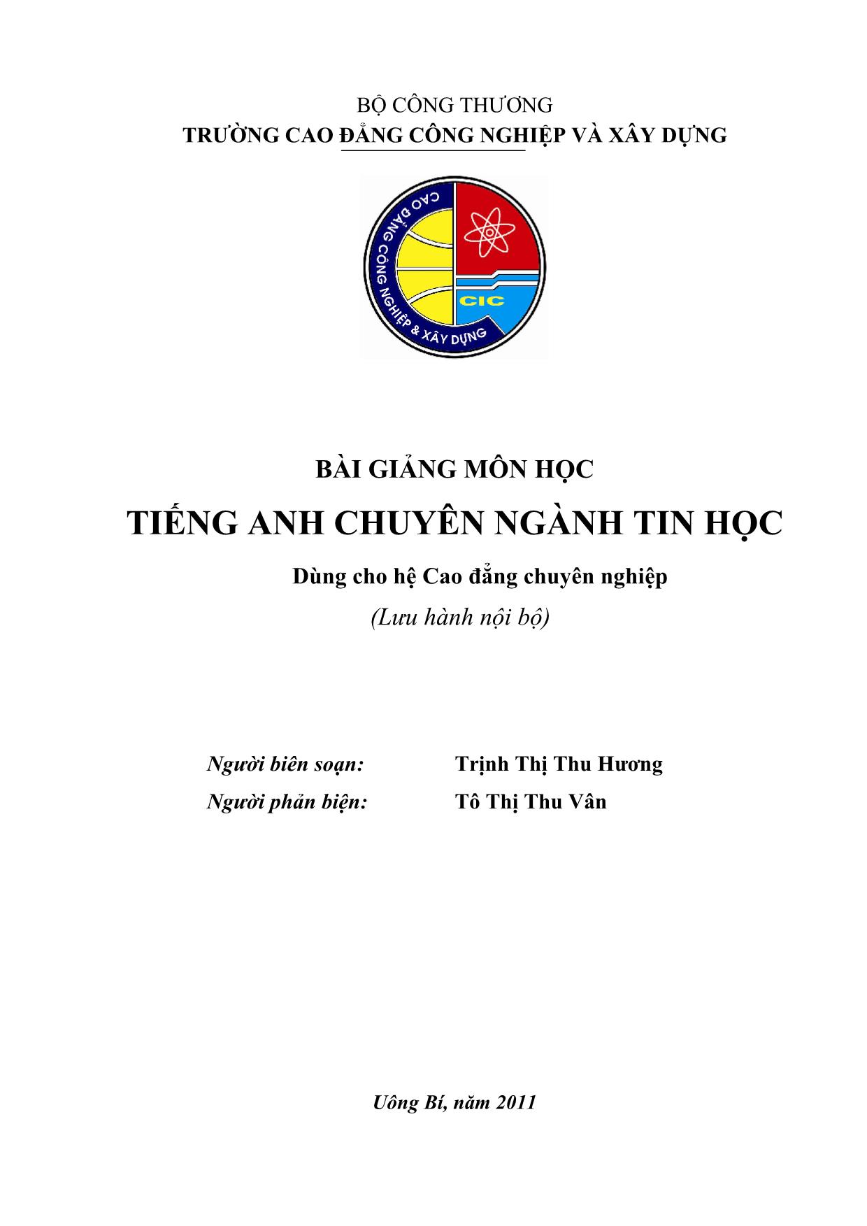 Bài giảng Tiếng Anh chuyên ngành Tin học - Trịnh Thị Thu Hương trang 1