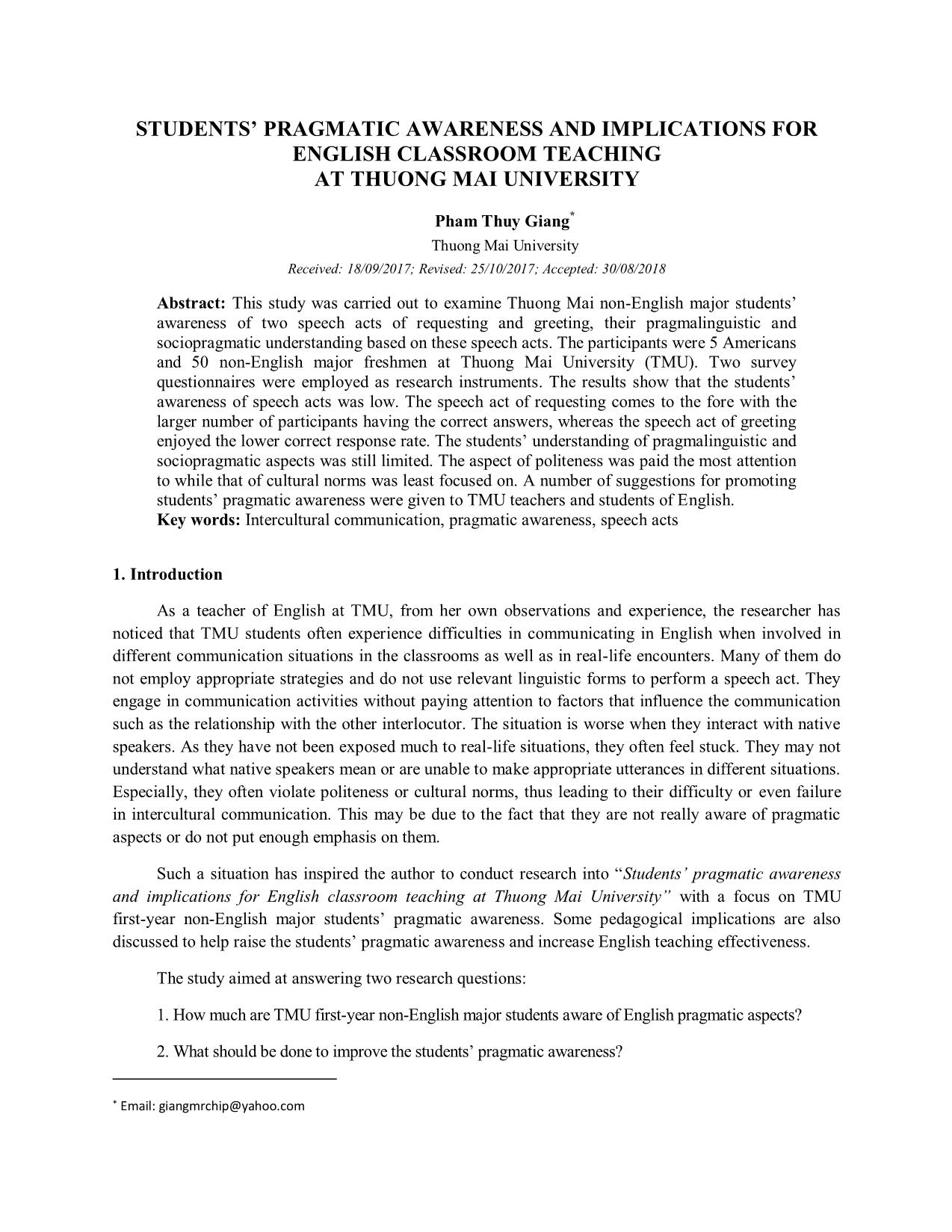 Students’ pragmatic awareness and implications for english classroom teaching at Thuong Mai University trang 1