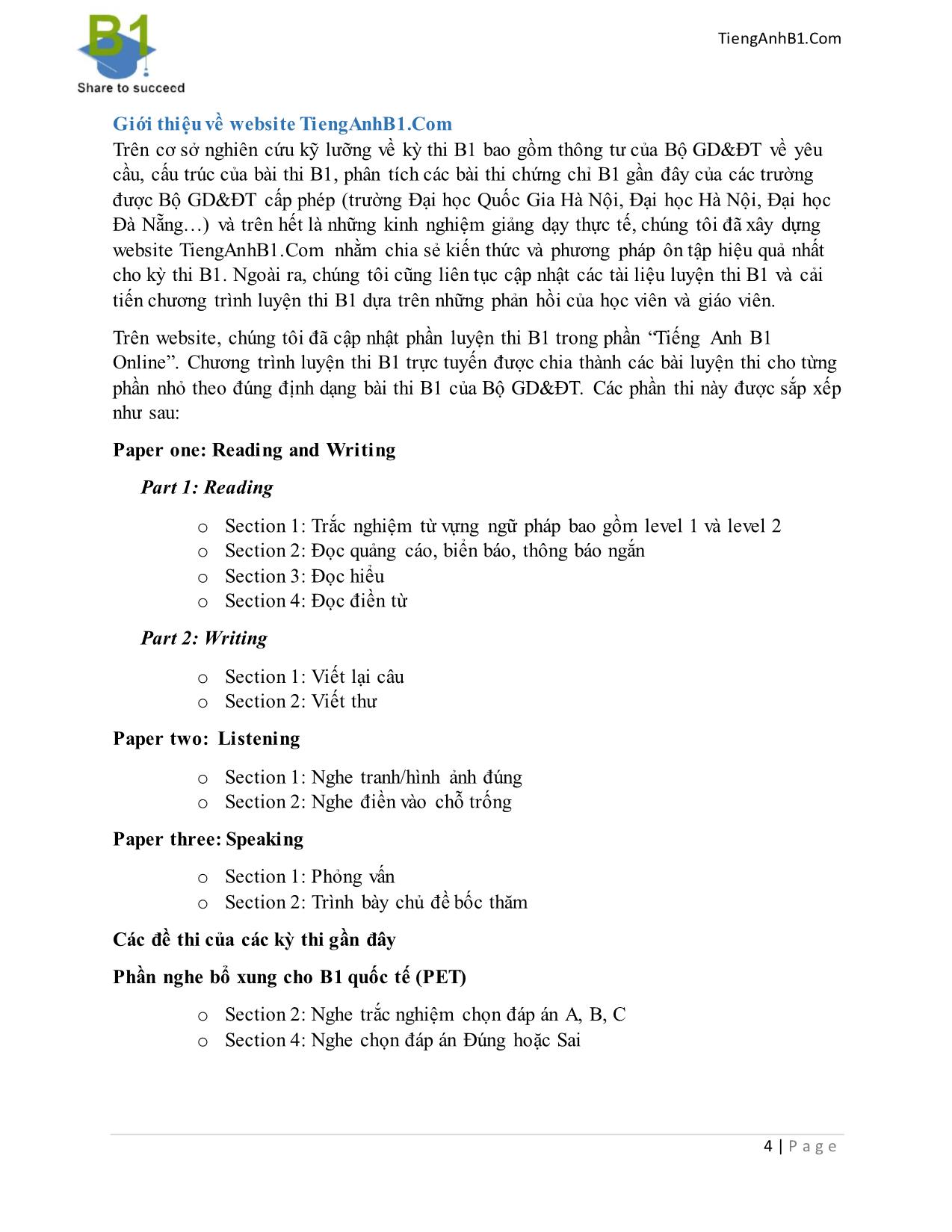 Cẩm nang luyện thi chứng chỉ tiếng Anh B1 trang 4