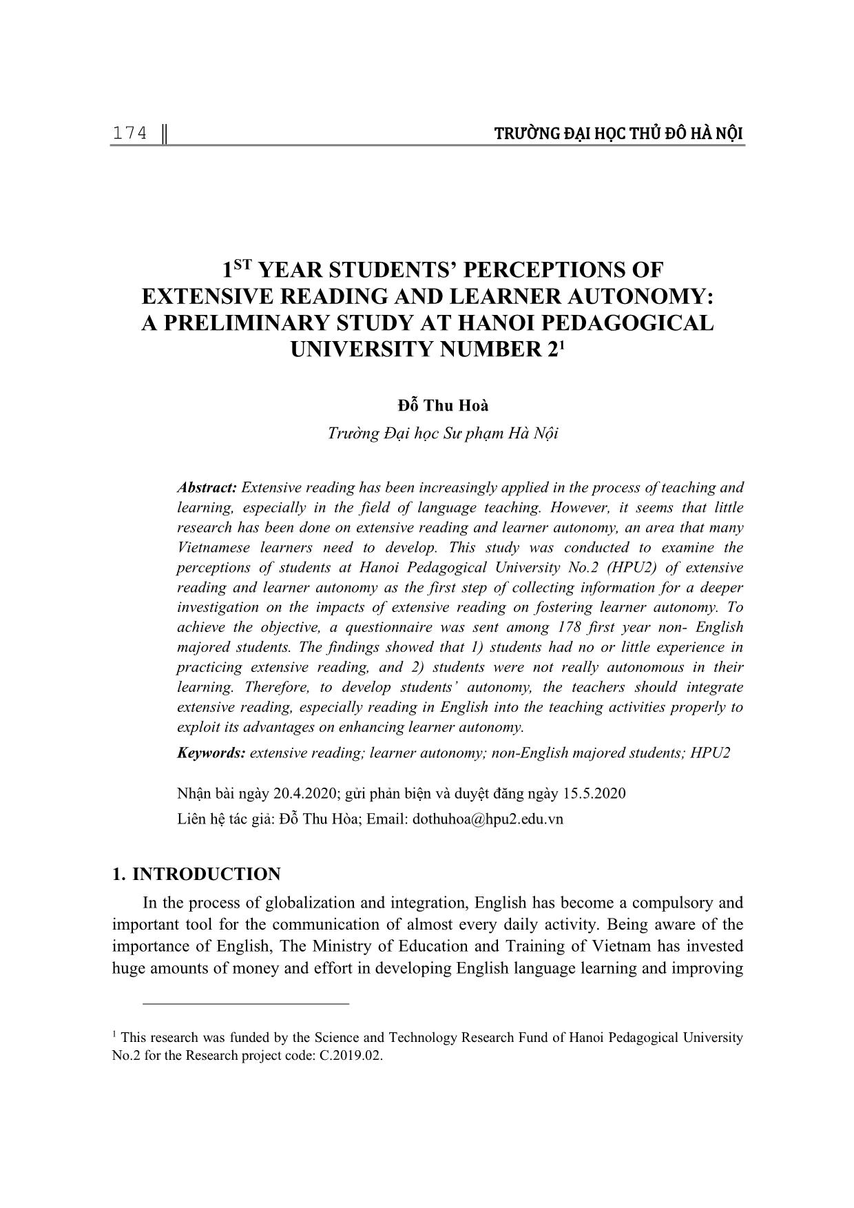 1st year students’ perceptions of extensive reading and learner autonomy: A preliminary study at Hanoi pedagogical university number 21 trang 1