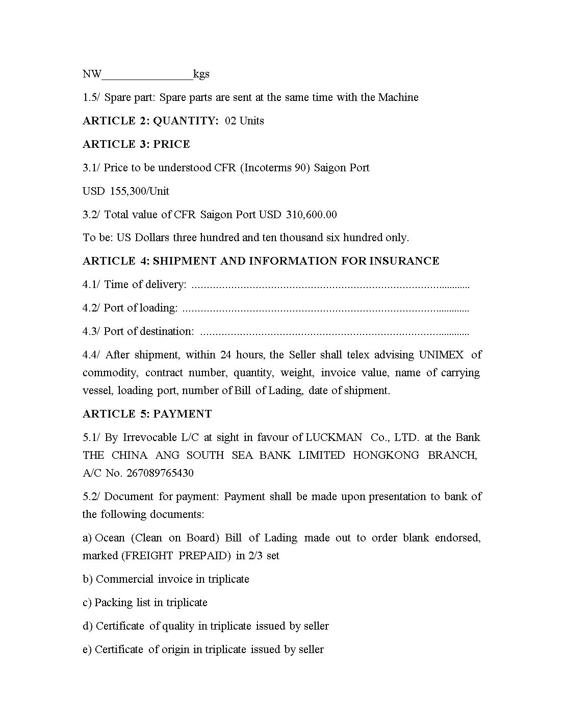 Mẫu hợp đồng ngoại thương bằng tiếng Anh trang 2