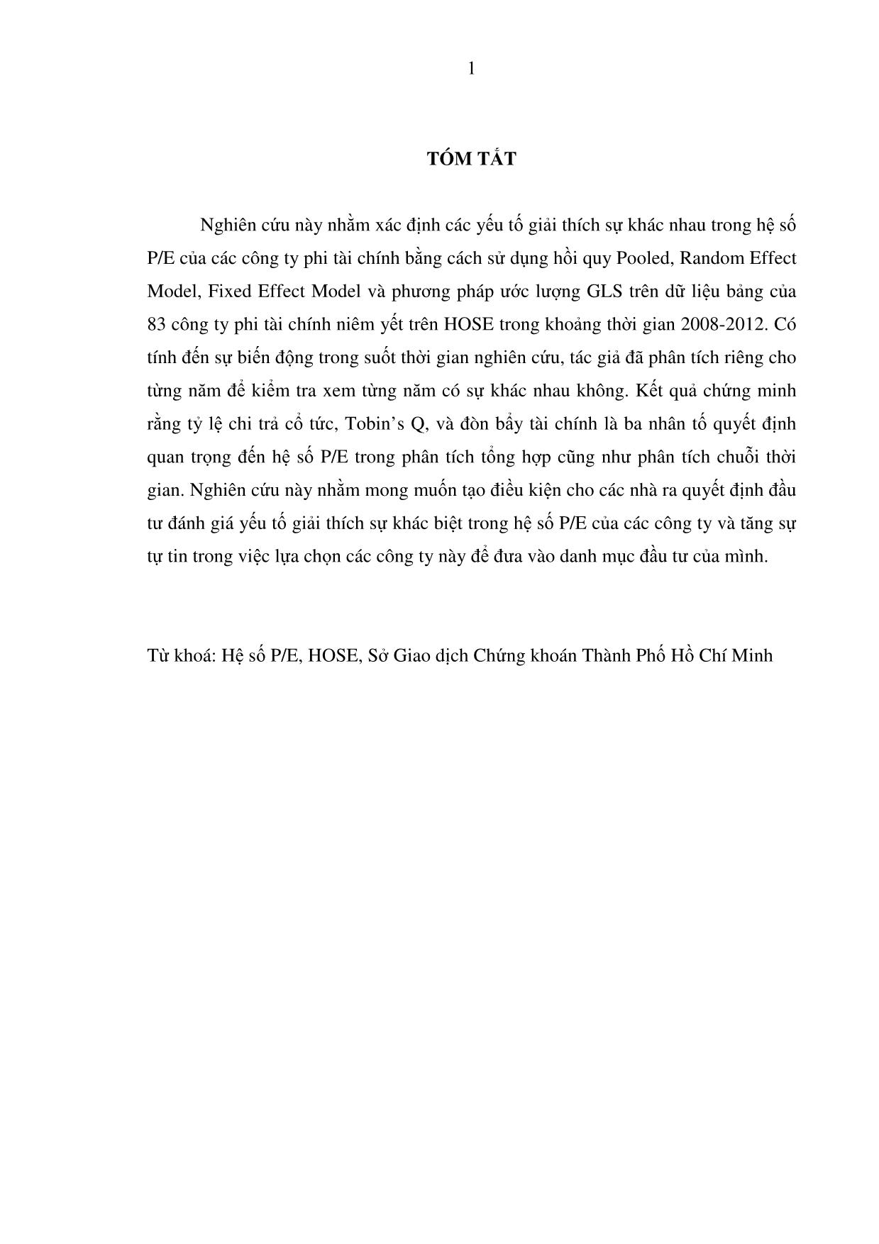 Các yếu tố quyết định đến hệ số p / e của các công ty phi tài chính niêm yết trên sở giao dịch chứng khoán thành phố Hồ Chí Minh (hose) trang 10