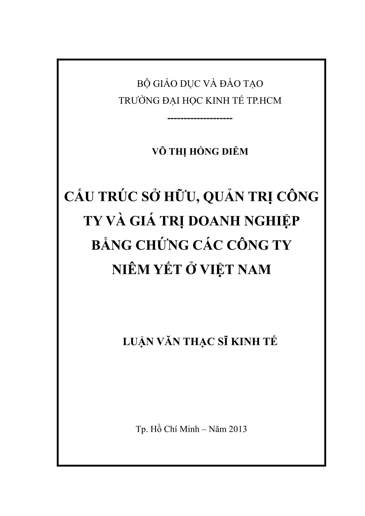 Luận văn Cấu trúc sở hữu, quản trị công ty và giá trị doanh nghiệp bằng chứng các công ty niêm yết ở Việt Nam trang 1