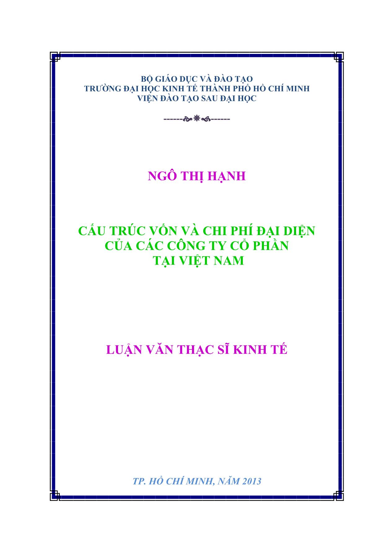 Luận văn Cấu trúc vốn và chi phí đại diện của các công ty cổ phần tại Việt Nam trang 1