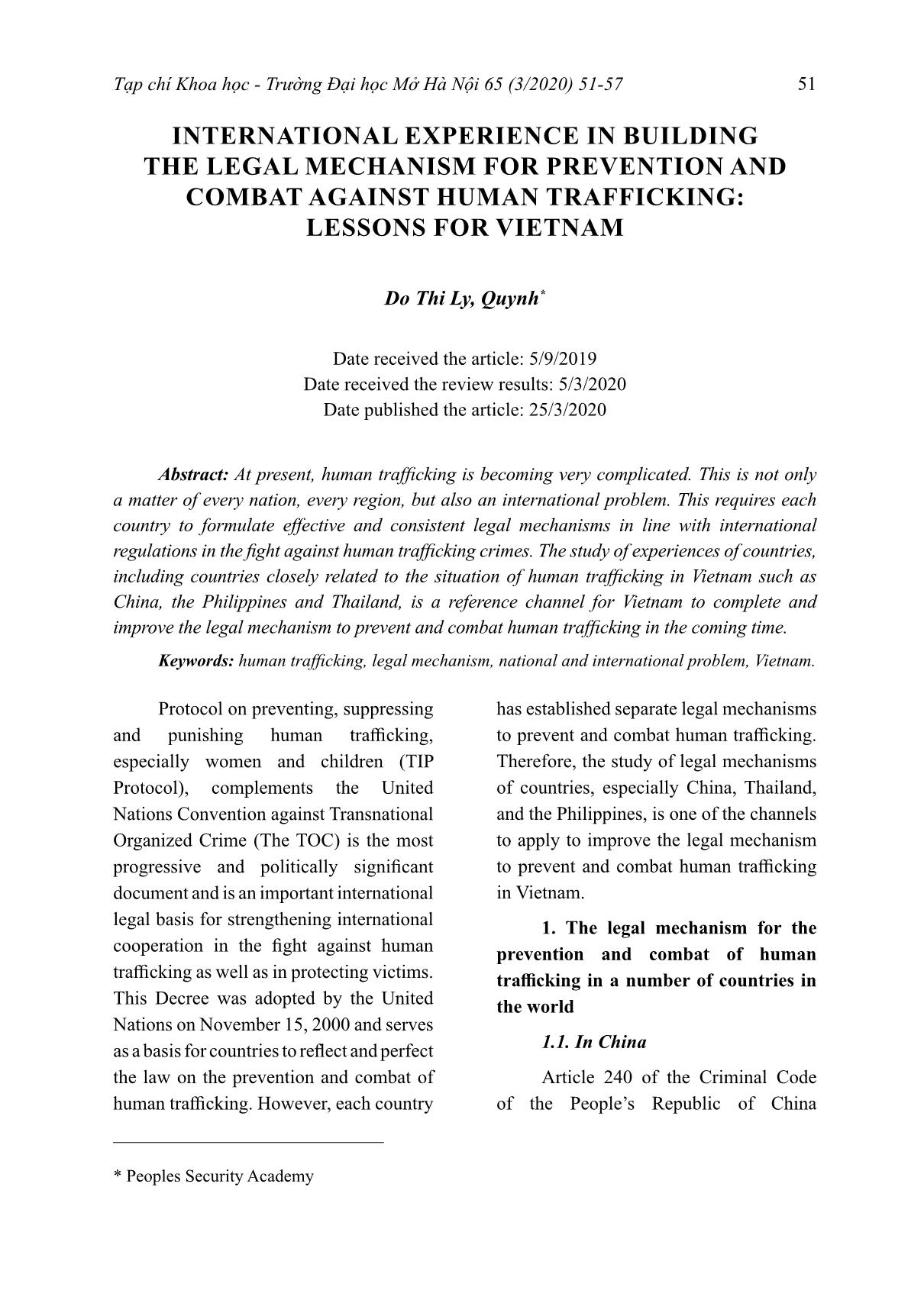 International experience in building the legal mechanism for prevention and combat against human trafficking: lessons for Vietnam trang 1