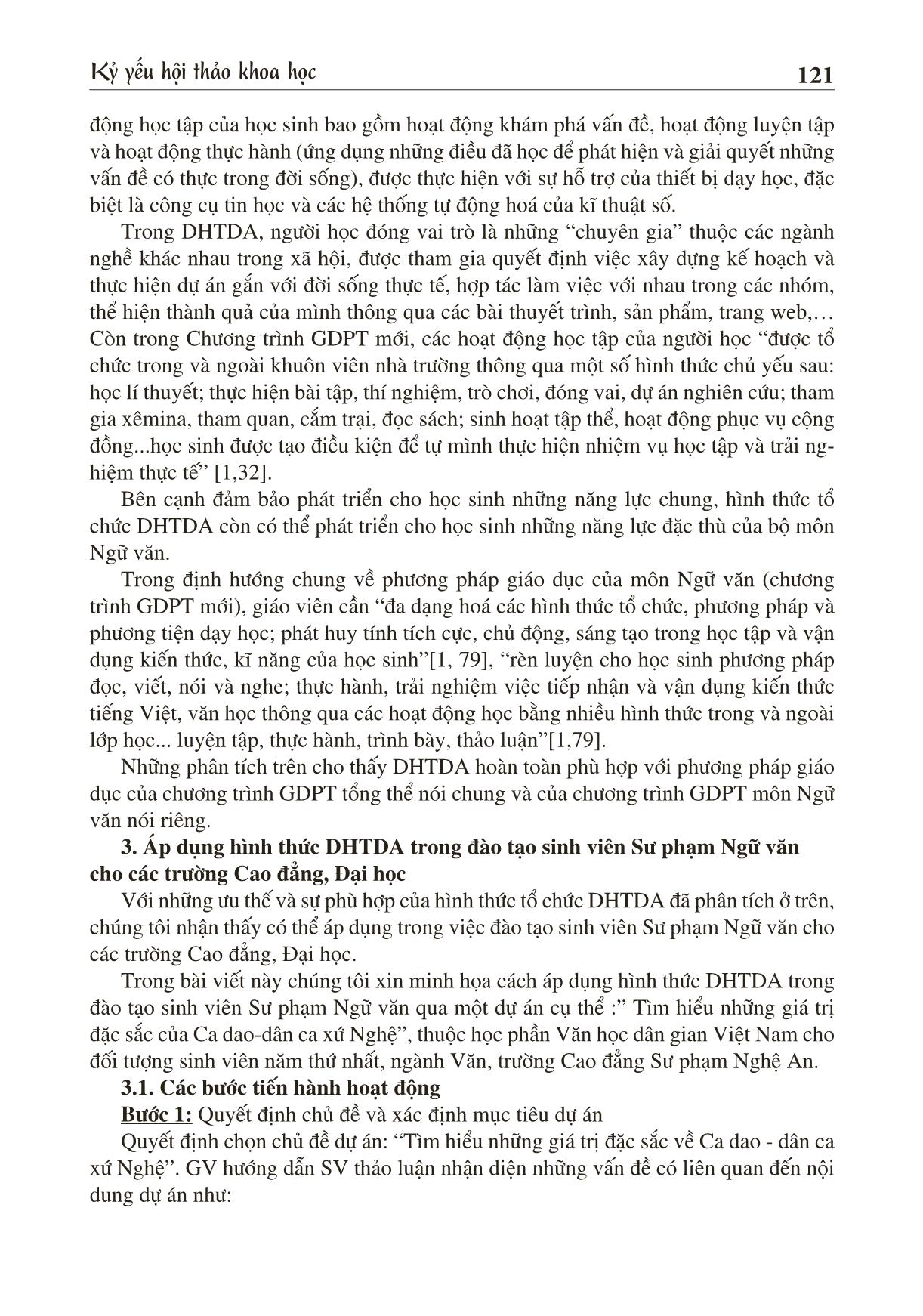 Áp dụng hình thức dạy học theo dự án cho sinh viên ngành sư phạm ngữ văn tại các trường cao đẳng, đại học đáp ứng yêu cầu chương trình và sách giáo khoa mới trang 3